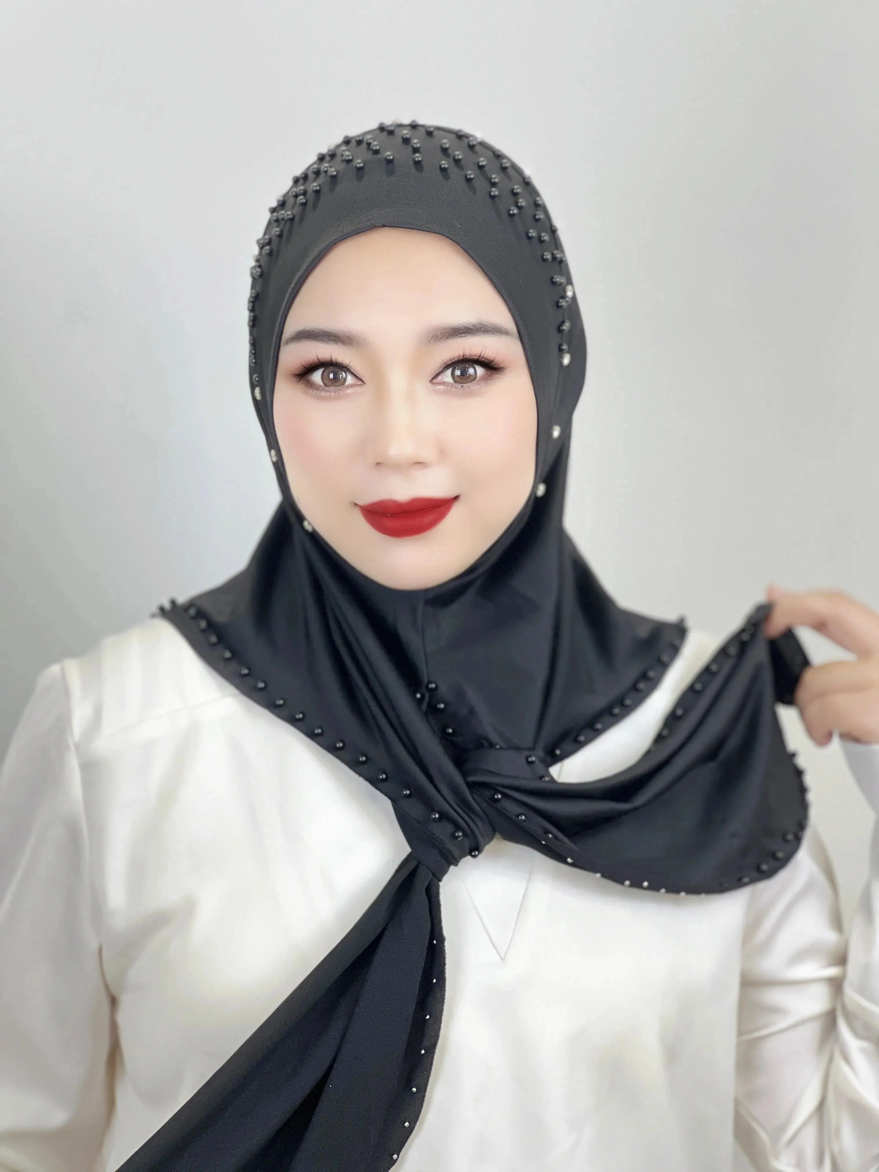 Solid Color Beaded Muslim Hijab | Long, Soft and Easy to Wear Turkish Head Wrap Scarf