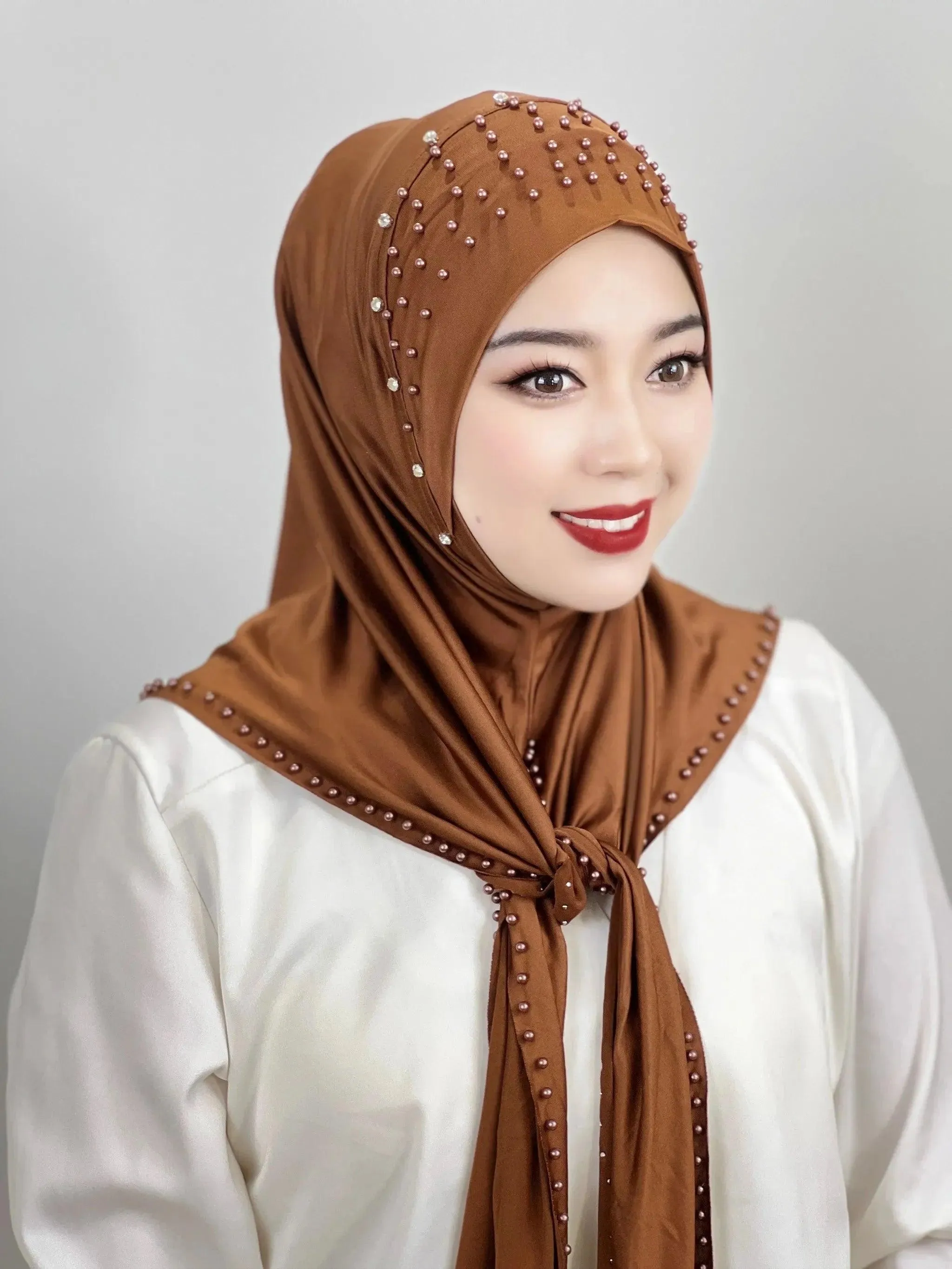 Solid Color Beaded Muslim Hijab | Long, Soft and Easy to Wear Turkish Head Wrap Scarf