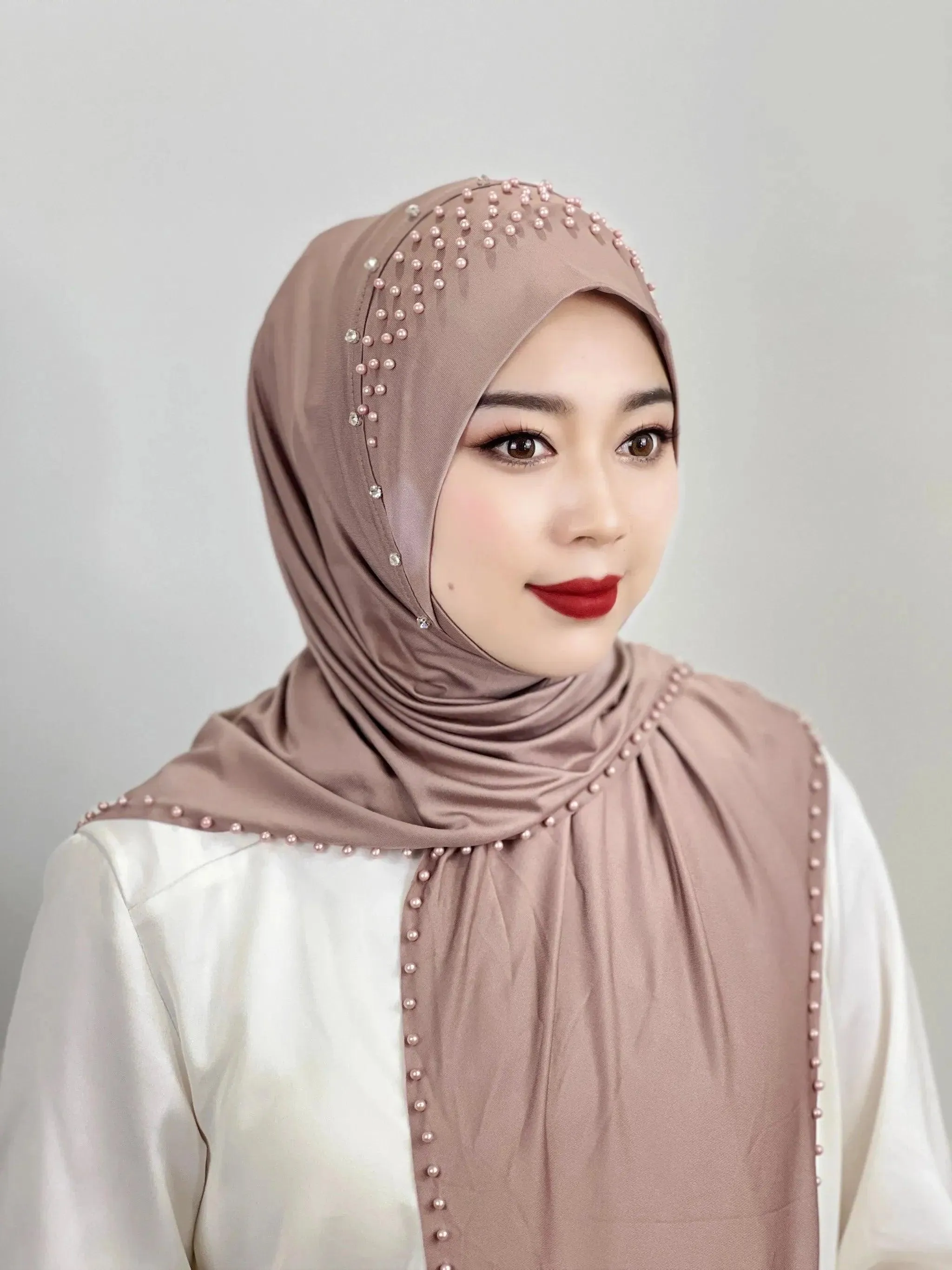 Solid Color Beaded Muslim Hijab | Long, Soft and Easy to Wear Turkish Head Wrap Scarf