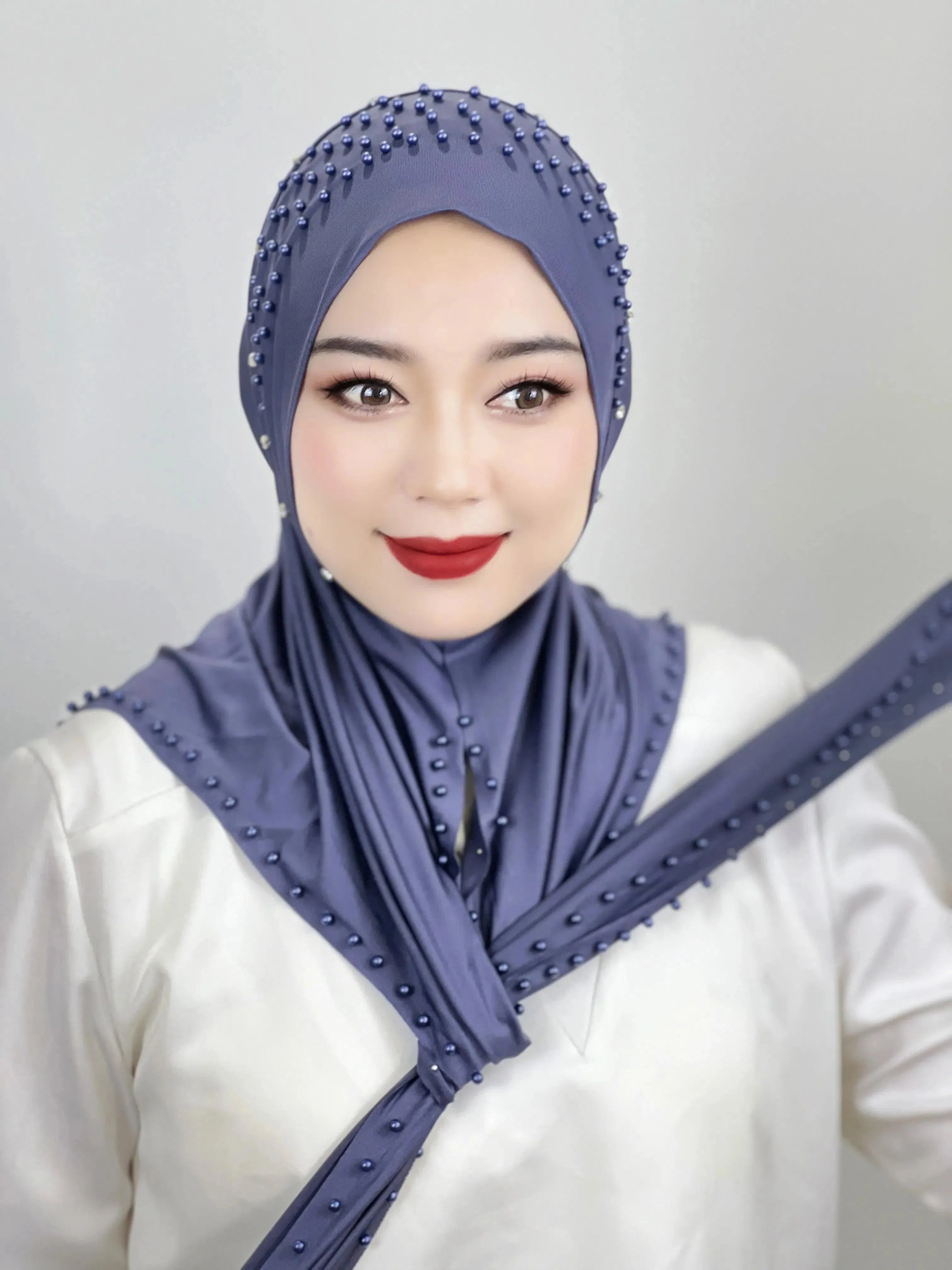 Solid Color Beaded Muslim Hijab | Long, Soft and Easy to Wear Turkish Head Wrap Scarf