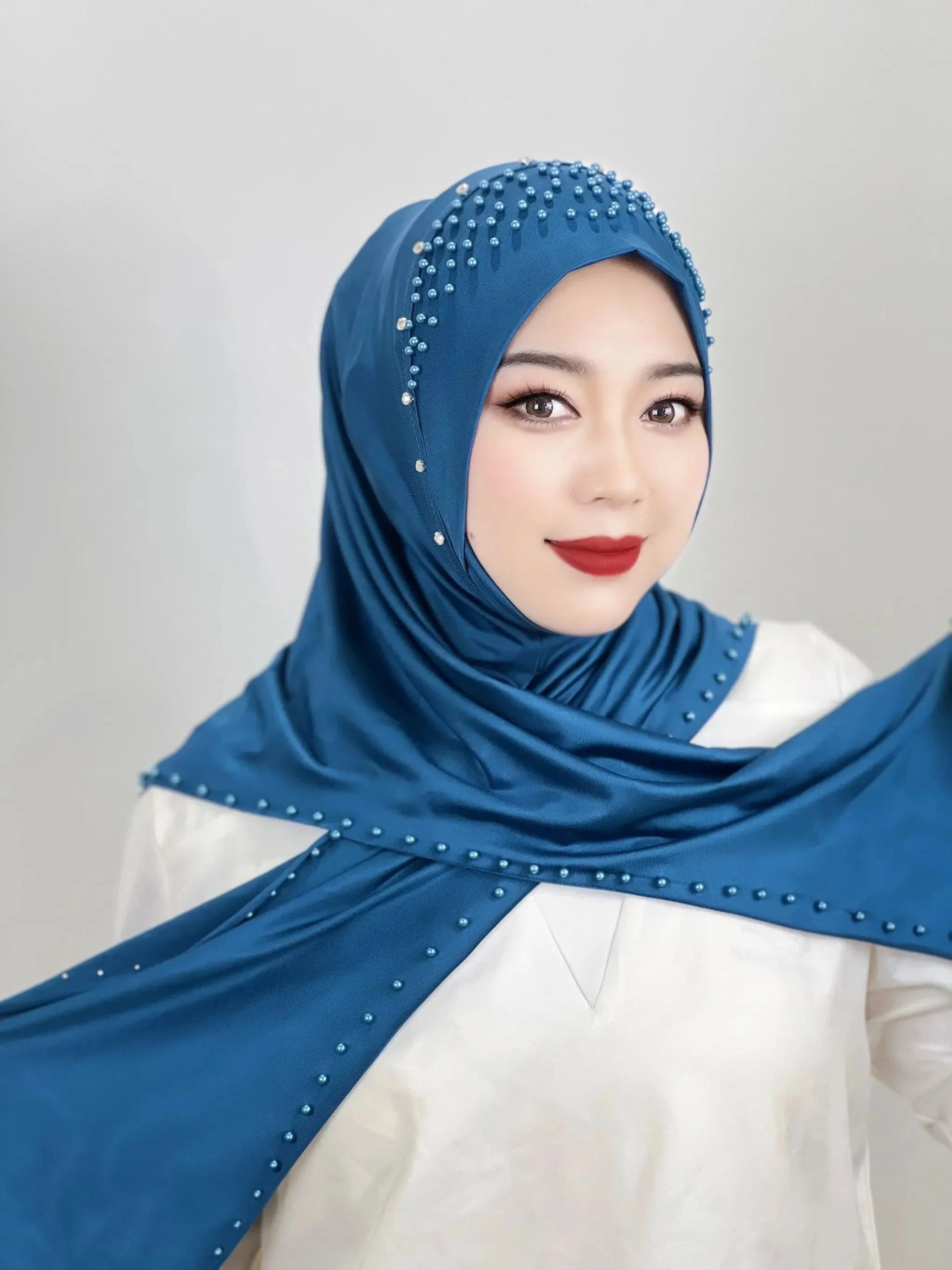 Solid Color Beaded Muslim Hijab | Long, Soft and Easy to Wear Turkish Head Wrap Scarf