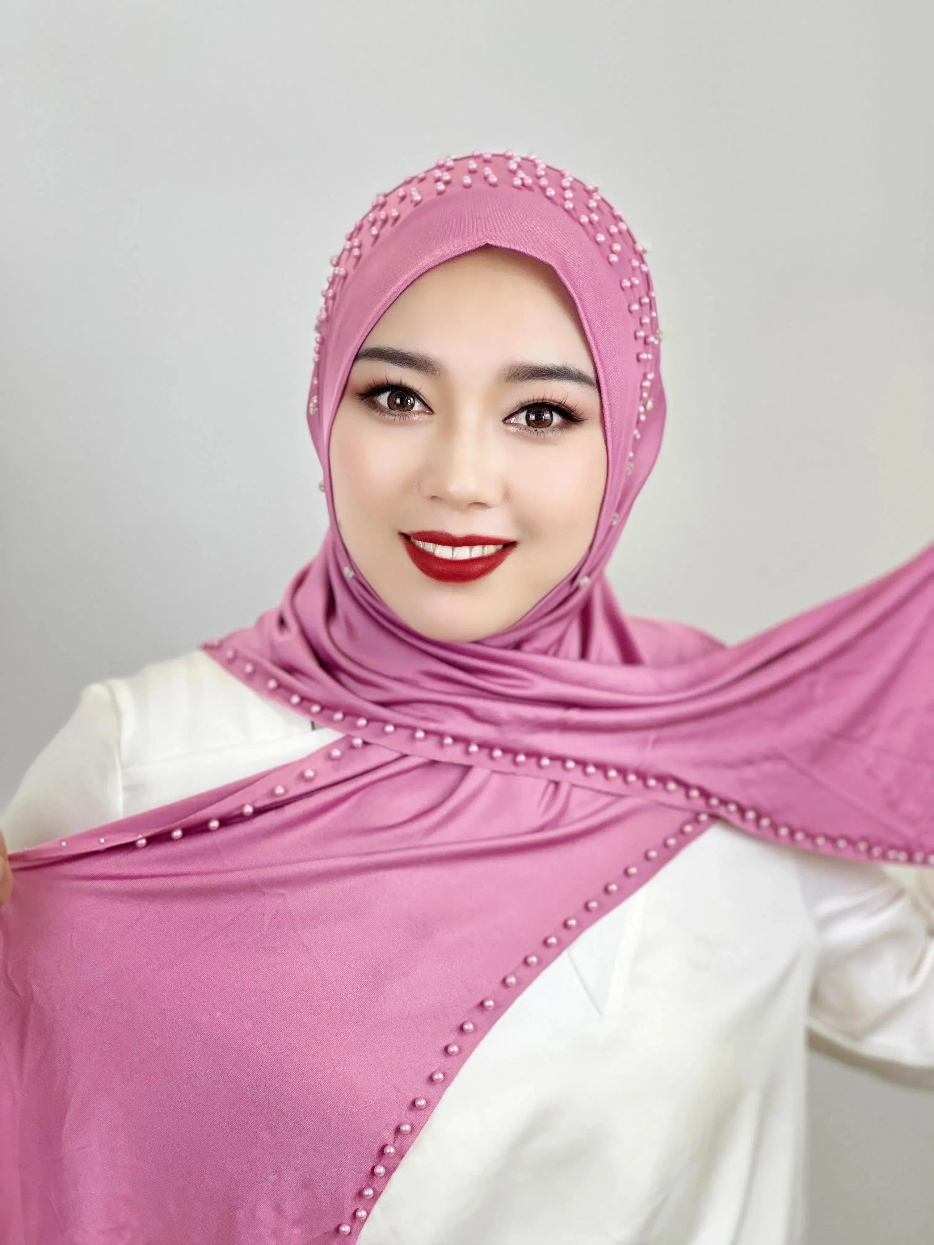 Solid Color Beaded Muslim Hijab | Long, Soft and Easy to Wear Turkish Head Wrap Scarf