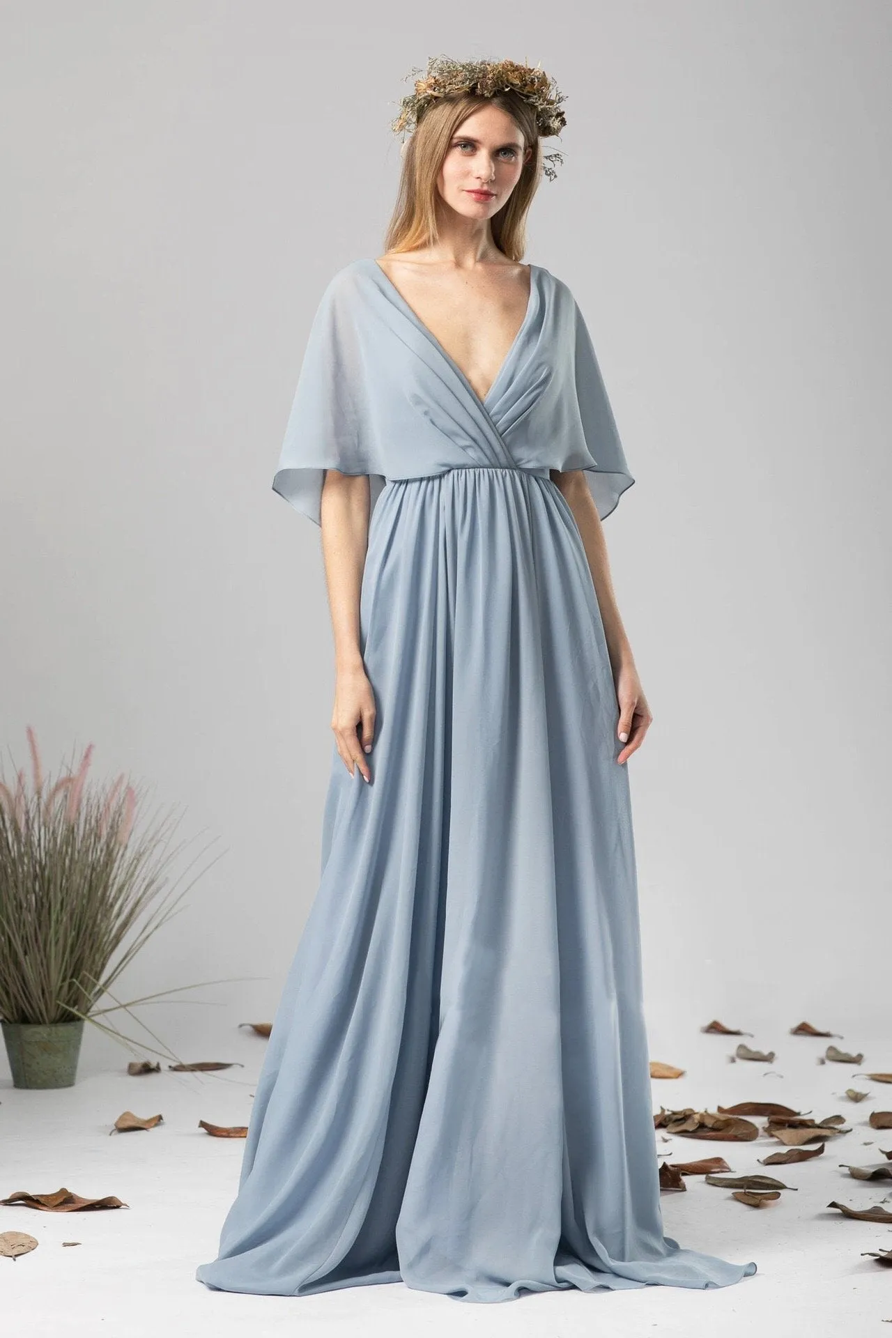 Solid Color Chiffon Dress Deep V-neck Halter Dress Maxi Dress