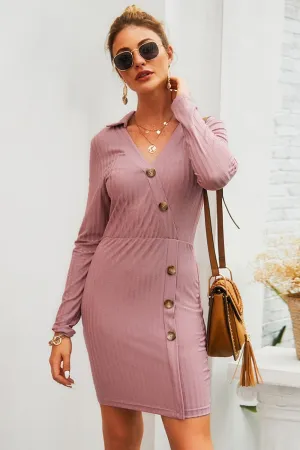 Solid Color V Neck Buttons Mid Dress