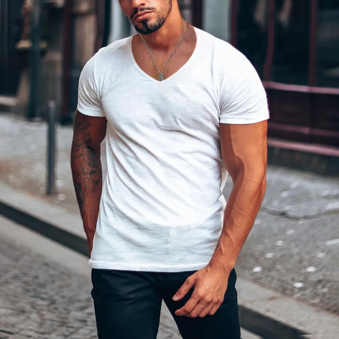 Solid Color V-Neck Casual Breathable T-Shirt