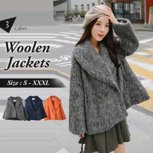 SOLID DOUBLE-BUTTON LAPEL WIDE SLEEVES WOOLEN JACKETS