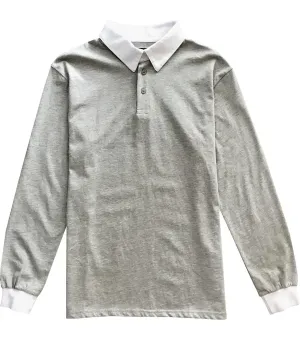 Solid Grey with White Collar Mens Long Sleeve Polo Rugby Shirt