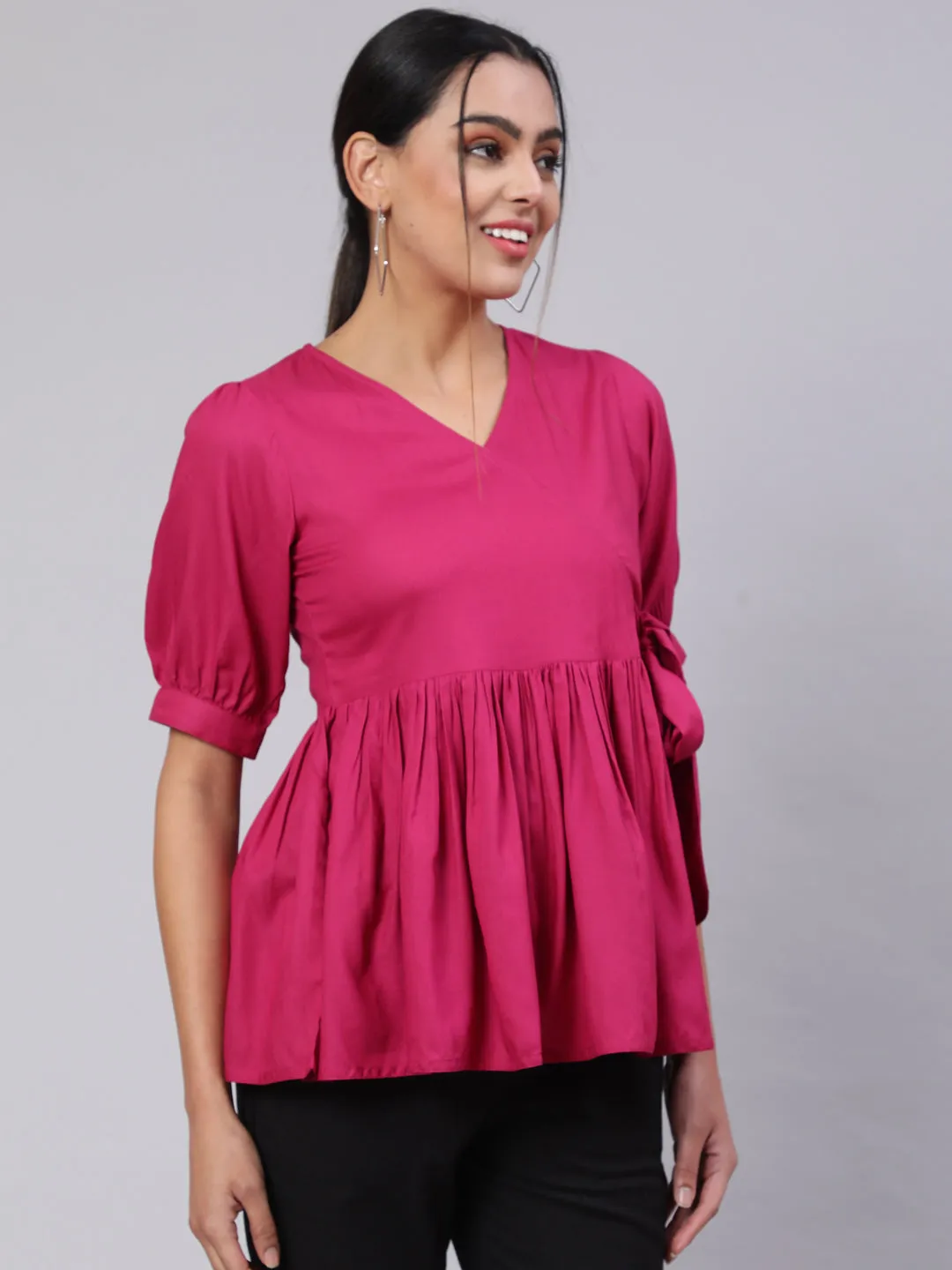 Solid Magenta Peplum Top With Black Pants