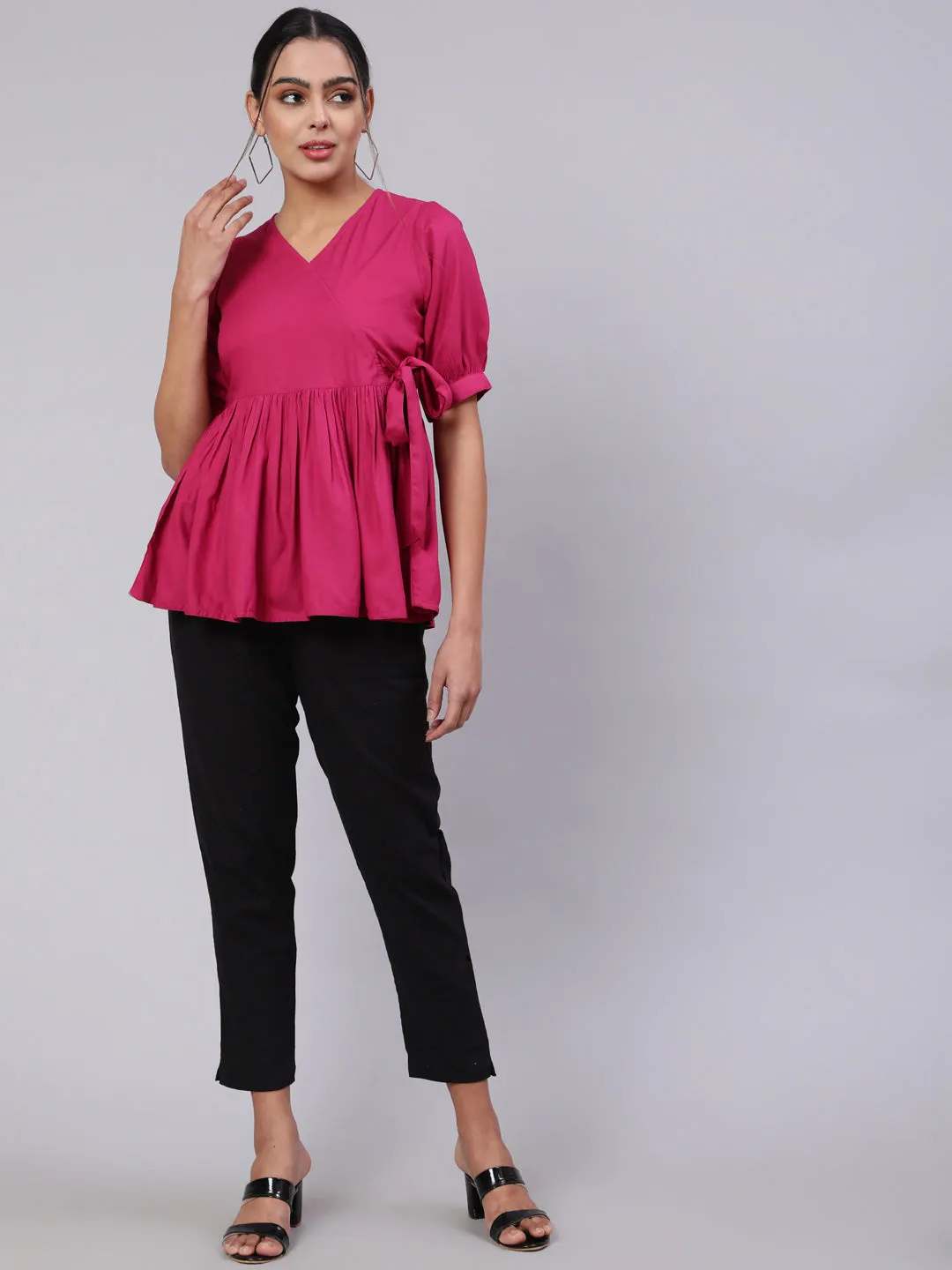 Solid Magenta Peplum Top With Black Pants