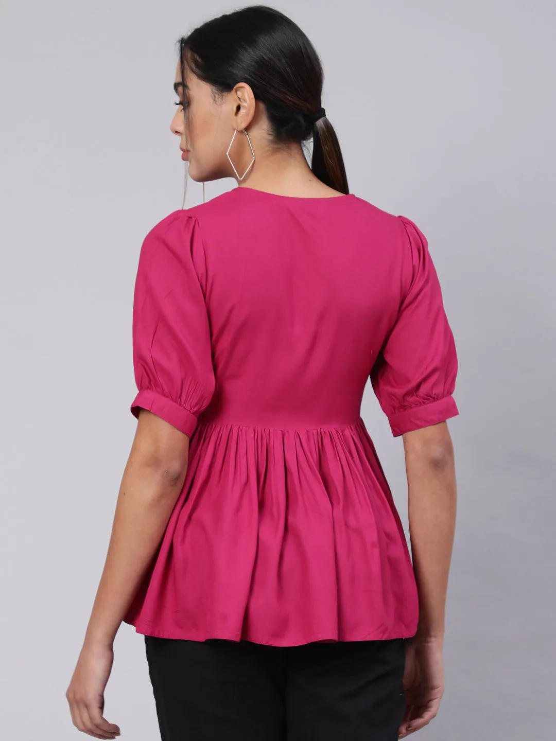 Solid Magenta Peplum Top With Black Pants