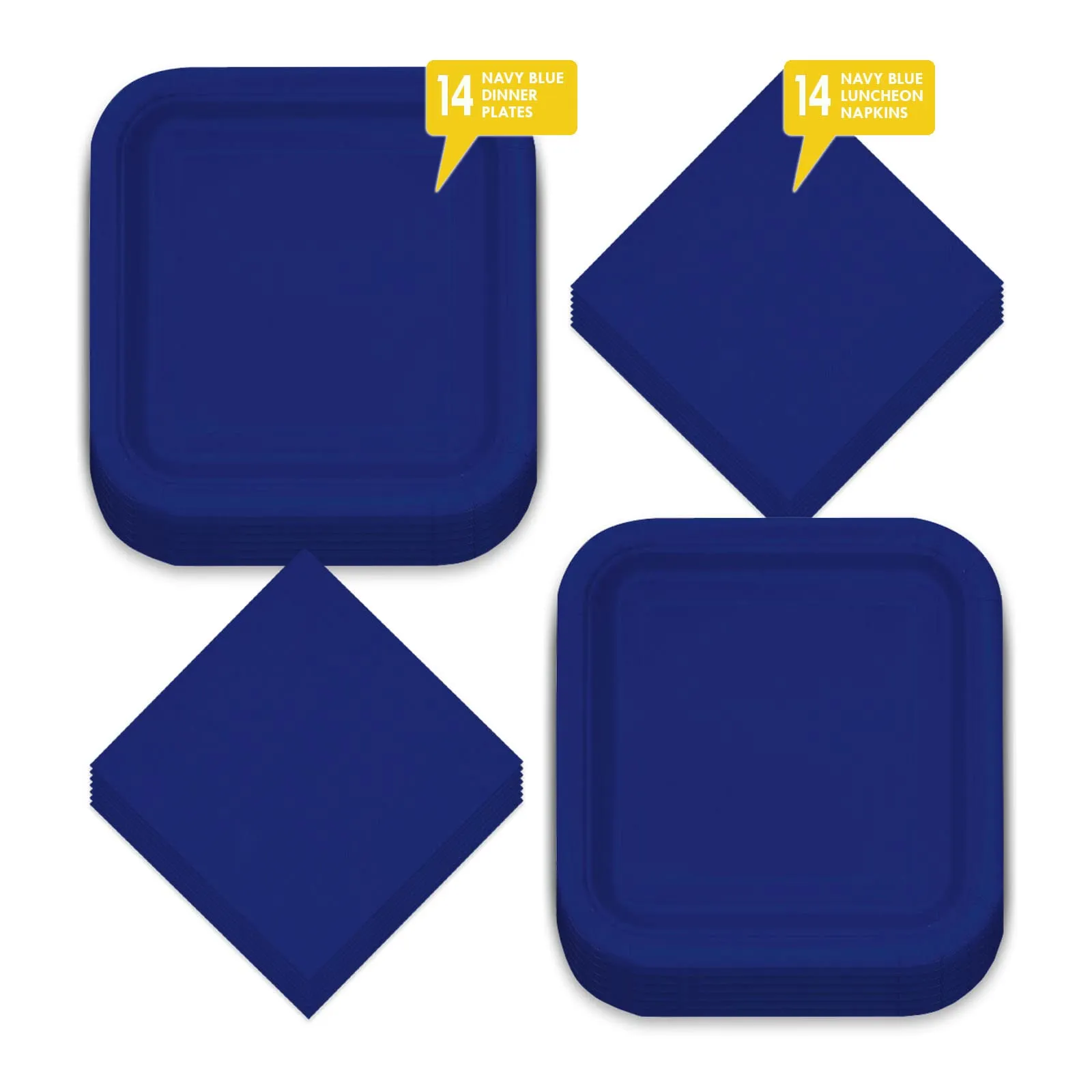 Solid Navy Blue Square Paper Dinner Plates and Lunch Napkins (Serves 14)