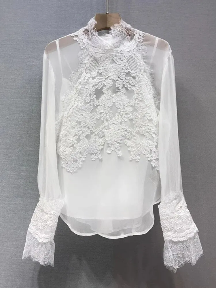 Solid Patchwork Lace Embroidery Sheer Mesh Shirts For Women Stand Collar Long Sleeve Slimming Sexy Shirt Female