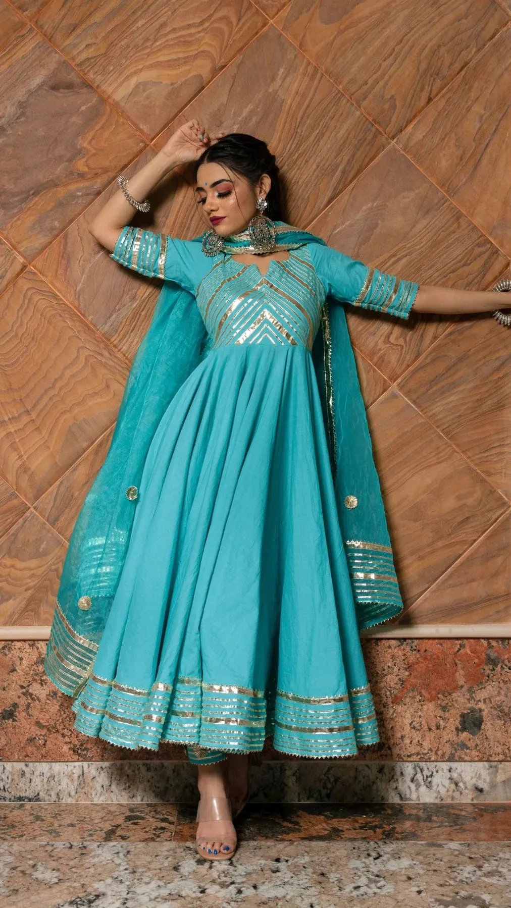 Solid Sky Blue Cotton Anarkali Suit Set