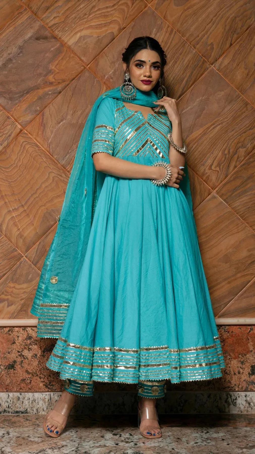 Solid Sky Blue Cotton Anarkali Suit Set