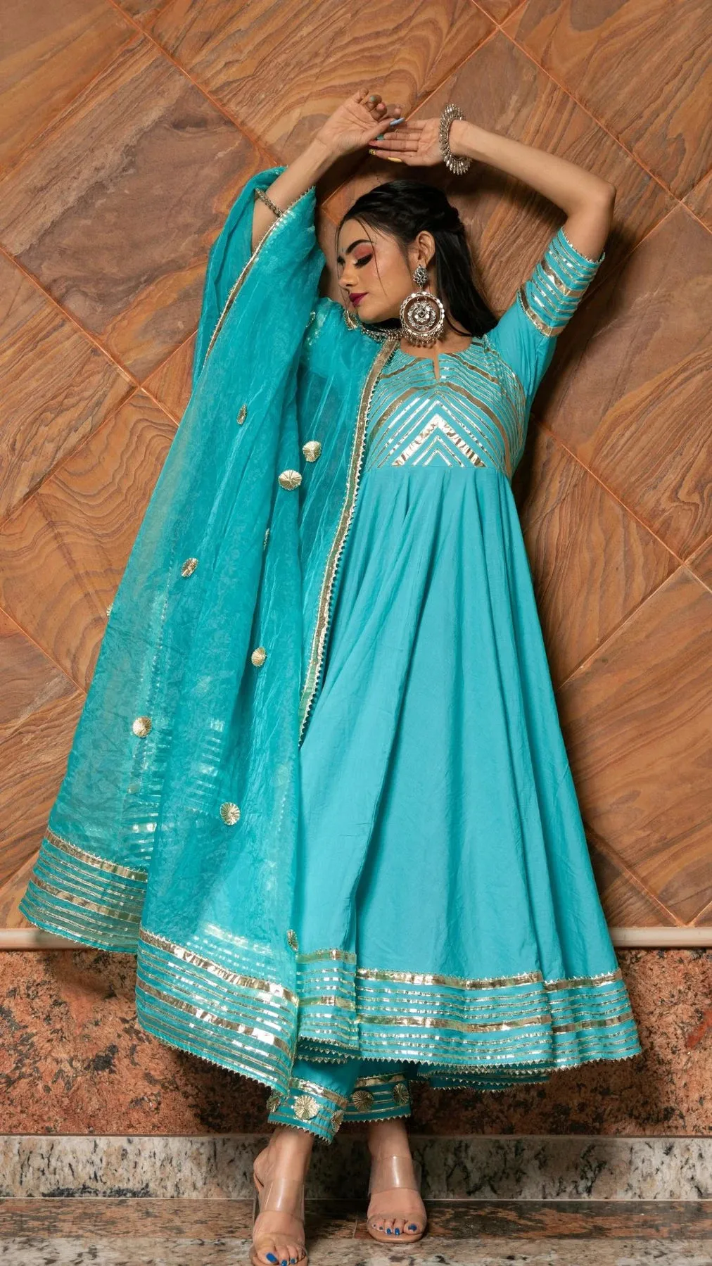 Solid Sky Blue Cotton Anarkali Suit Set