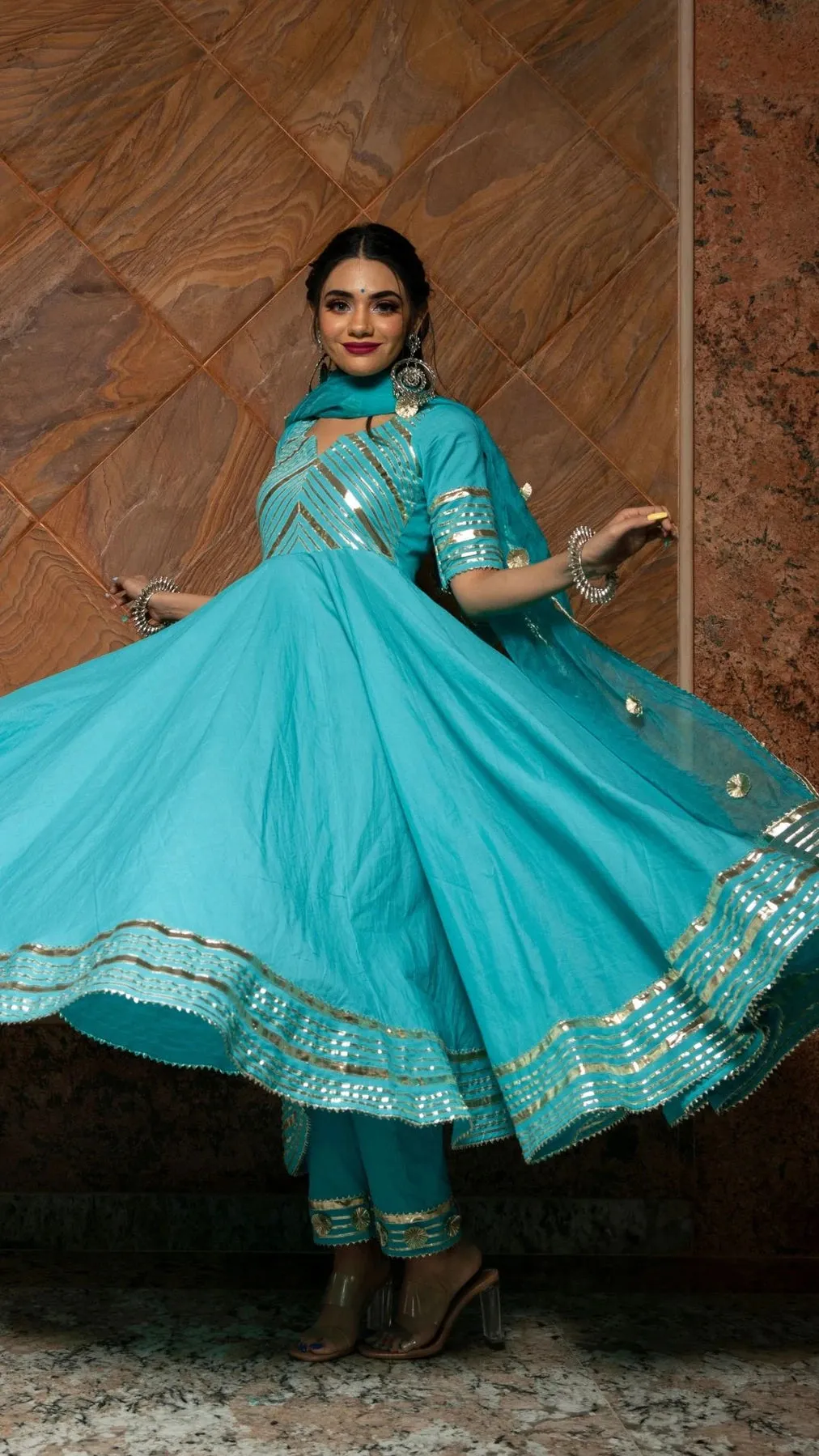 Solid Sky Blue Cotton Anarkali Suit Set