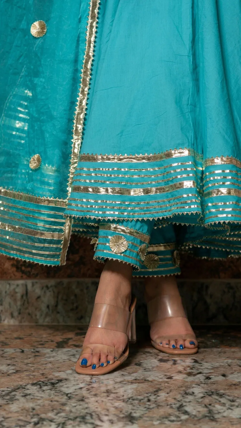 Solid Sky Blue Cotton Anarkali Suit Set