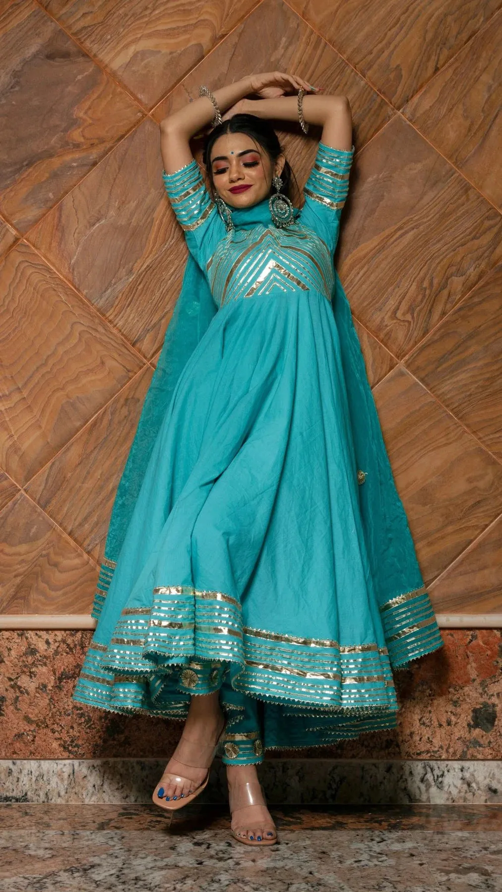 Solid Sky Blue Cotton Anarkali Suit Set