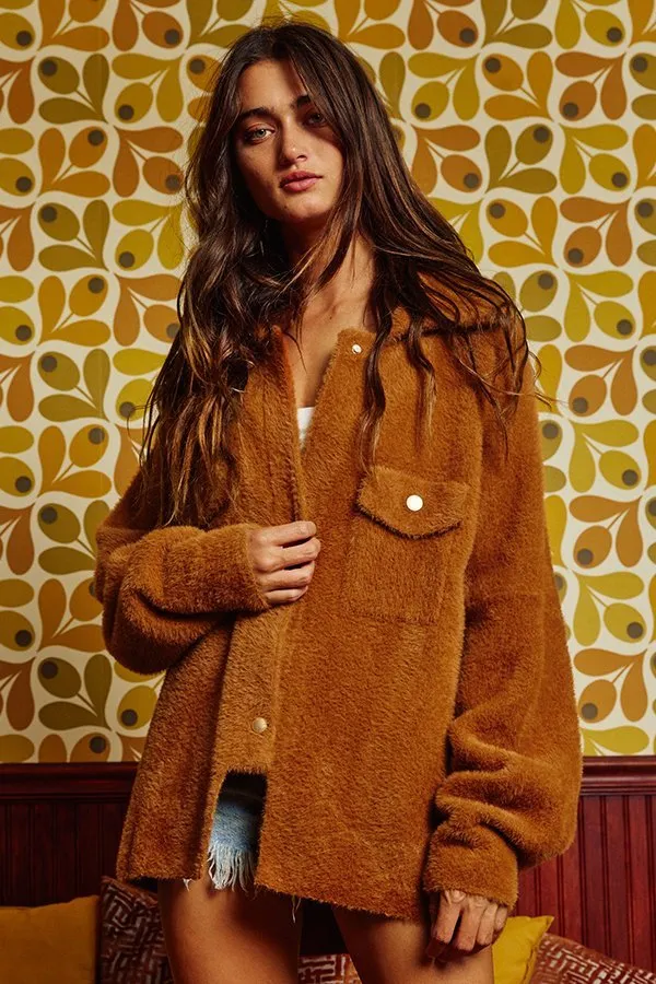 Solid soft fur collared oversized jacket