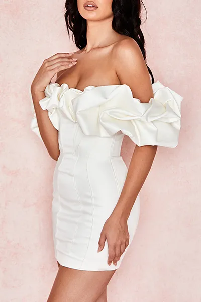 Solid Split Joint Flounce Off the Shoulder Wrapped Skirt Dresses