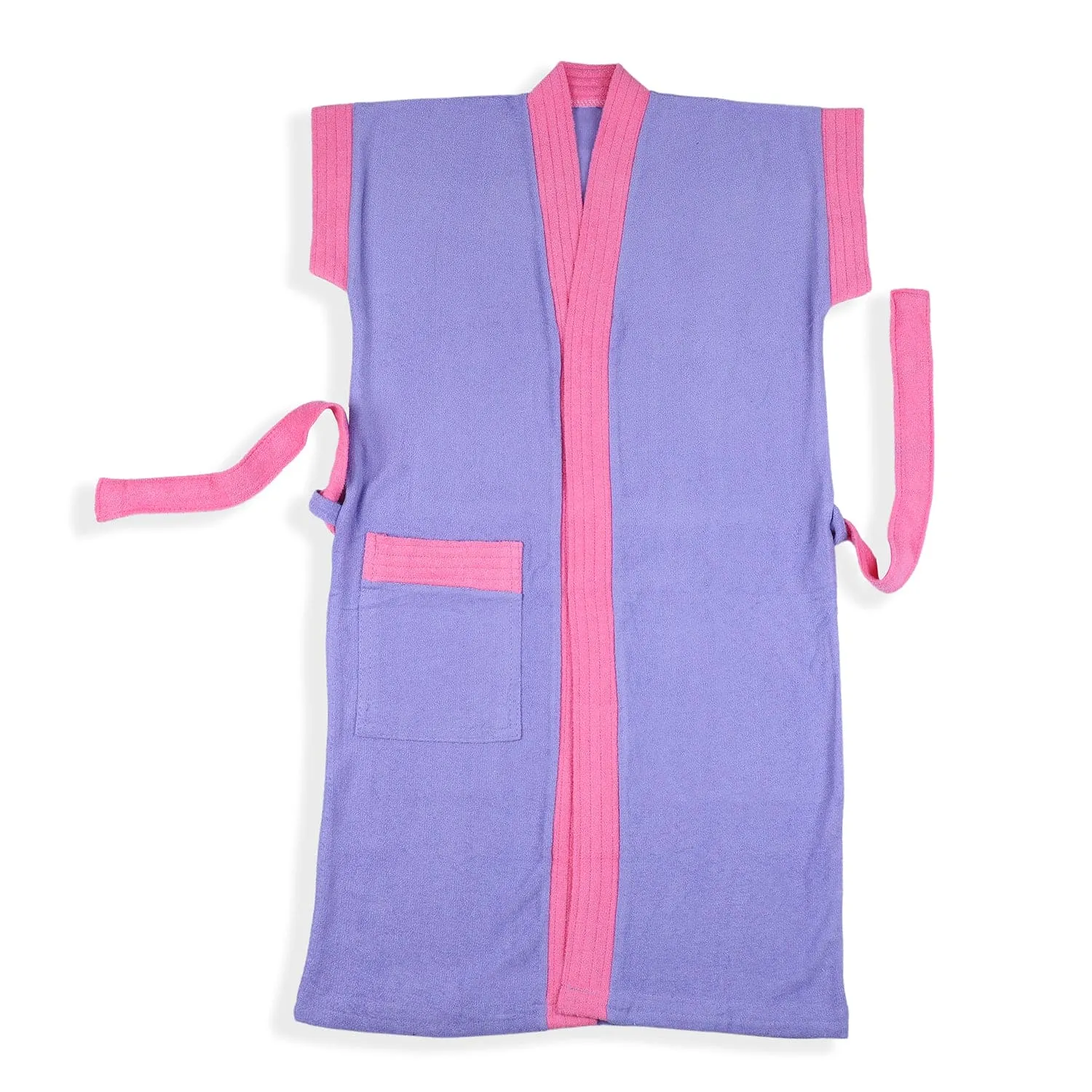 Solid With Piping Kids Half Sleeves Pocket with Waist Belt Bathrobe - Purple