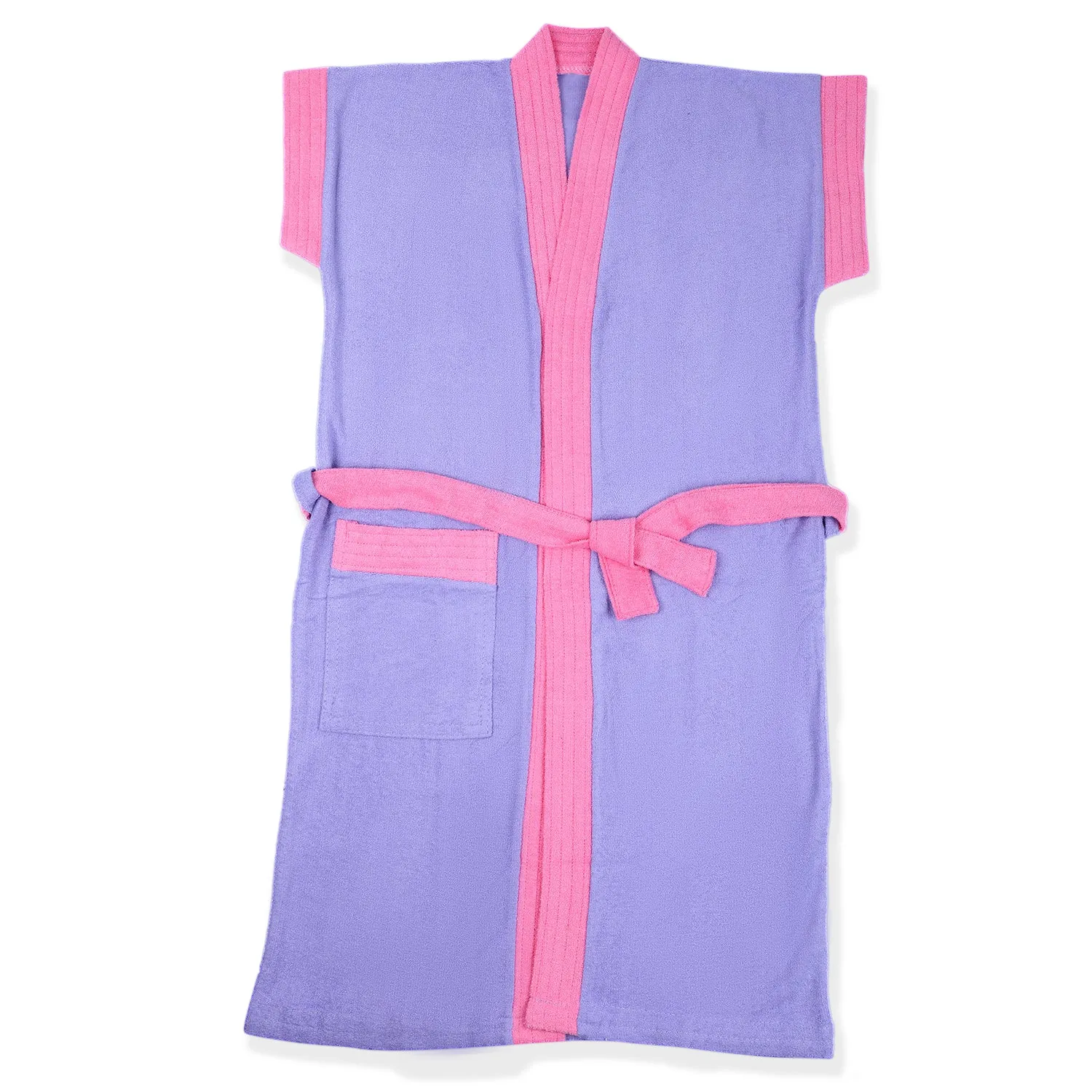 Solid With Piping Kids Half Sleeves Pocket with Waist Belt Bathrobe - Purple