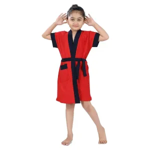 Solid With Piping Toddler Half Sleeves Pocket with Waist Belt Bathrobe - Red