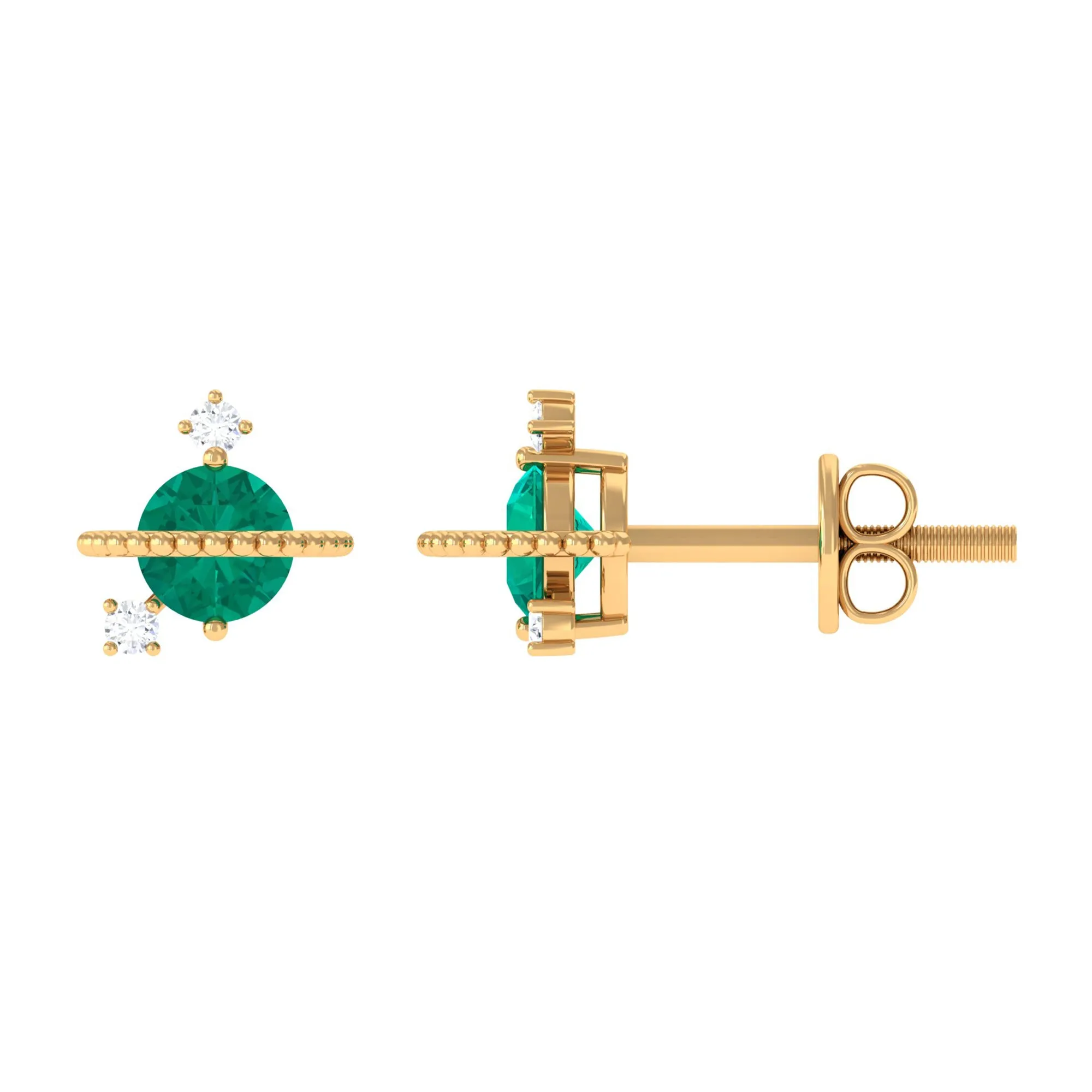 Solitaire Emerald and Diamond Contemporary Stud Earrings