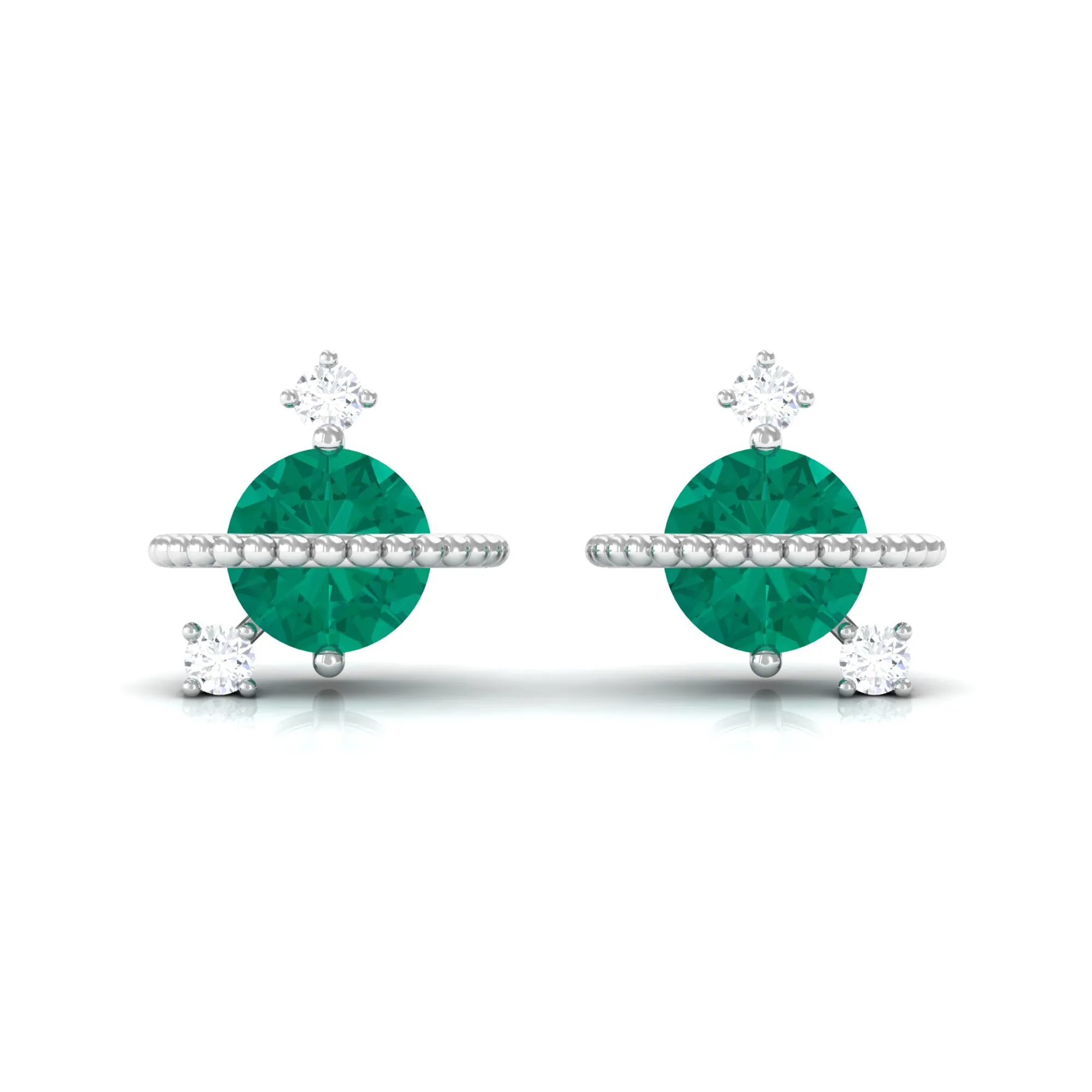 Solitaire Emerald and Diamond Contemporary Stud Earrings