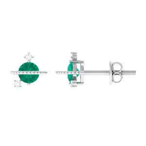 Solitaire Emerald and Diamond Contemporary Stud Earrings