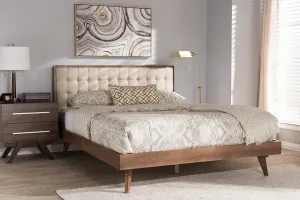 Soloman Light Beige Fabric & Walnut Brown Finished Wood Platform Bed (Queen)