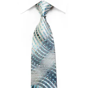 Solus Rhinestone Silk Necktie Blue Waves On Silver With Sparkles