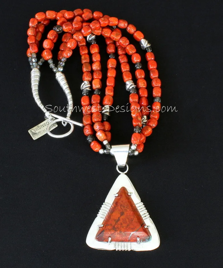 Sonora Sunset and Sterling Silver Post-Set Pendant with 3 Strands of Apple Coral, Smoky Quartz, Fire Polished Glass and Sterling Silver