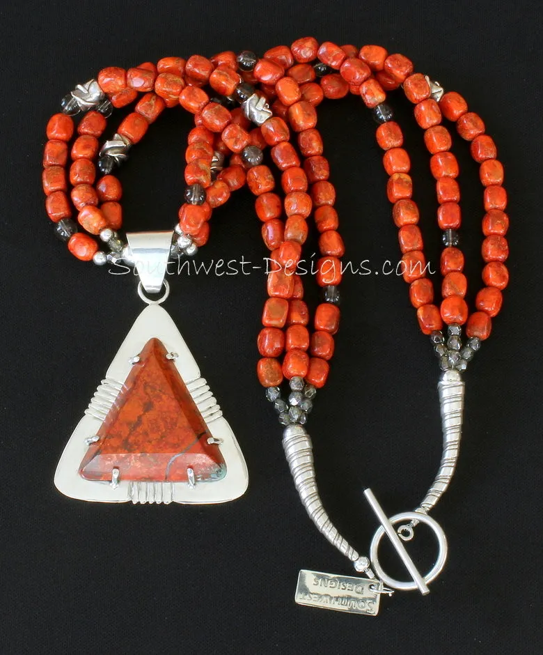 Sonora Sunset and Sterling Silver Post-Set Pendant with 3 Strands of Apple Coral, Smoky Quartz, Fire Polished Glass and Sterling Silver