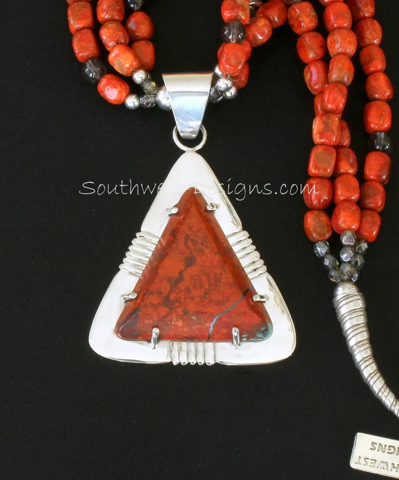 Sonora Sunset and Sterling Silver Post-Set Pendant with 3 Strands of Apple Coral, Smoky Quartz, Fire Polished Glass and Sterling Silver