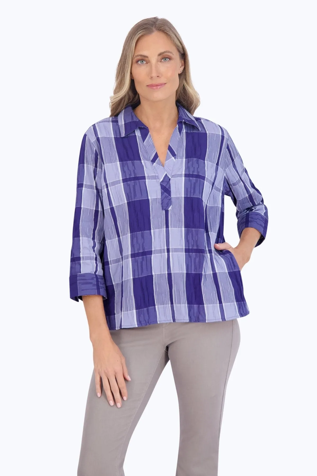 Sophia Denim Plaid Crinkle Popover