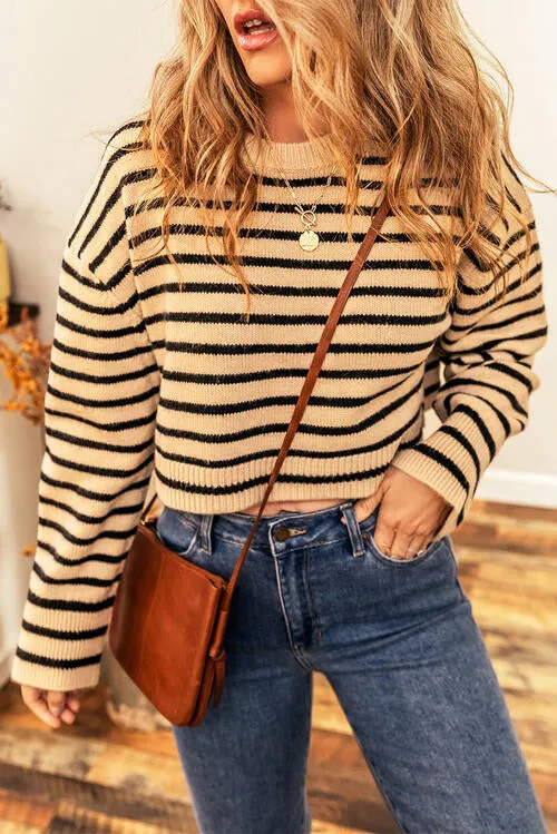 Sophie Striped Round Neck Long Sleeve Cropped Sweater in Mustard