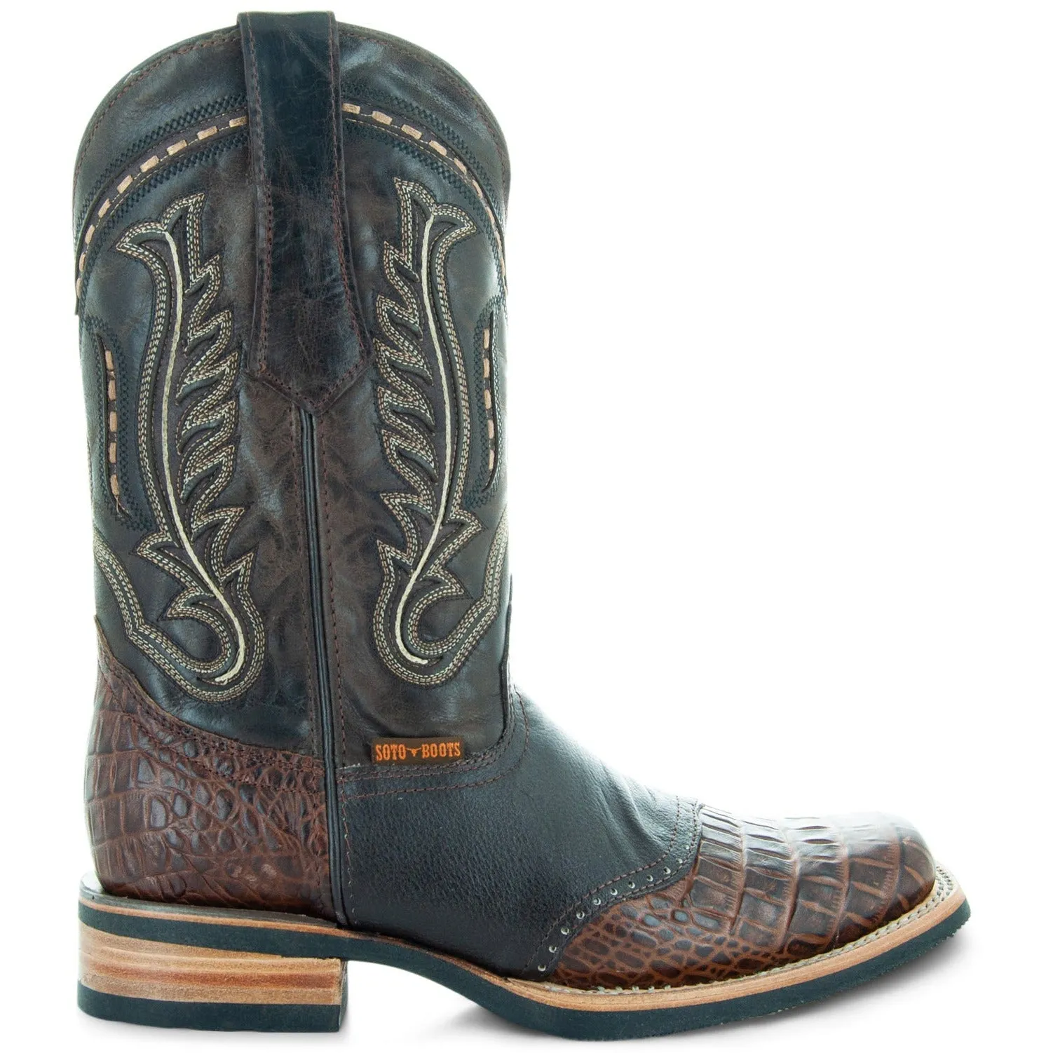 Soto Boots Men's Saddle Vamp Gator Belly Print Brown Cowboy Boots H50039