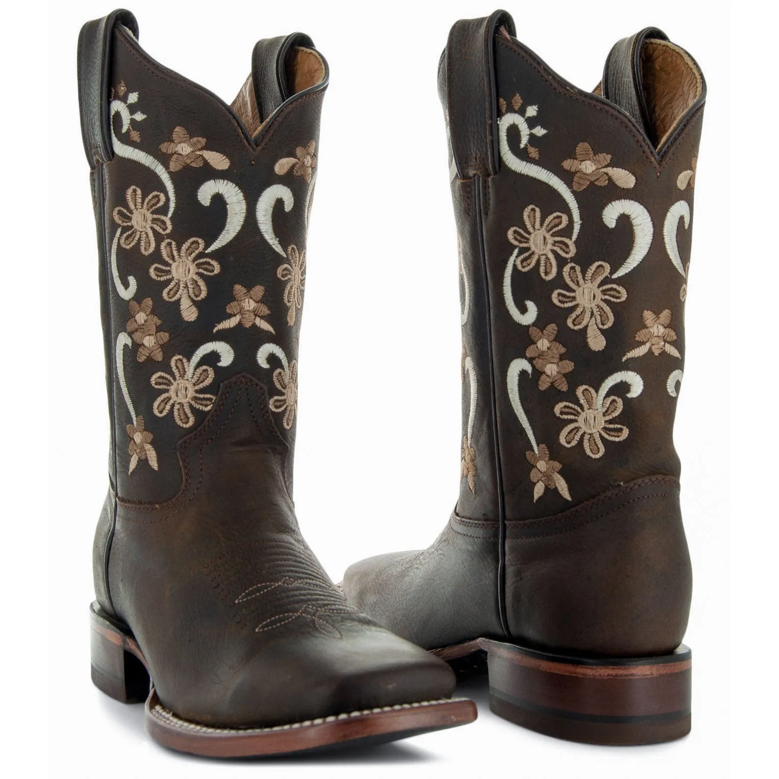 Soto Boots Womens Flower Embroidery Square Toe Boots M4007