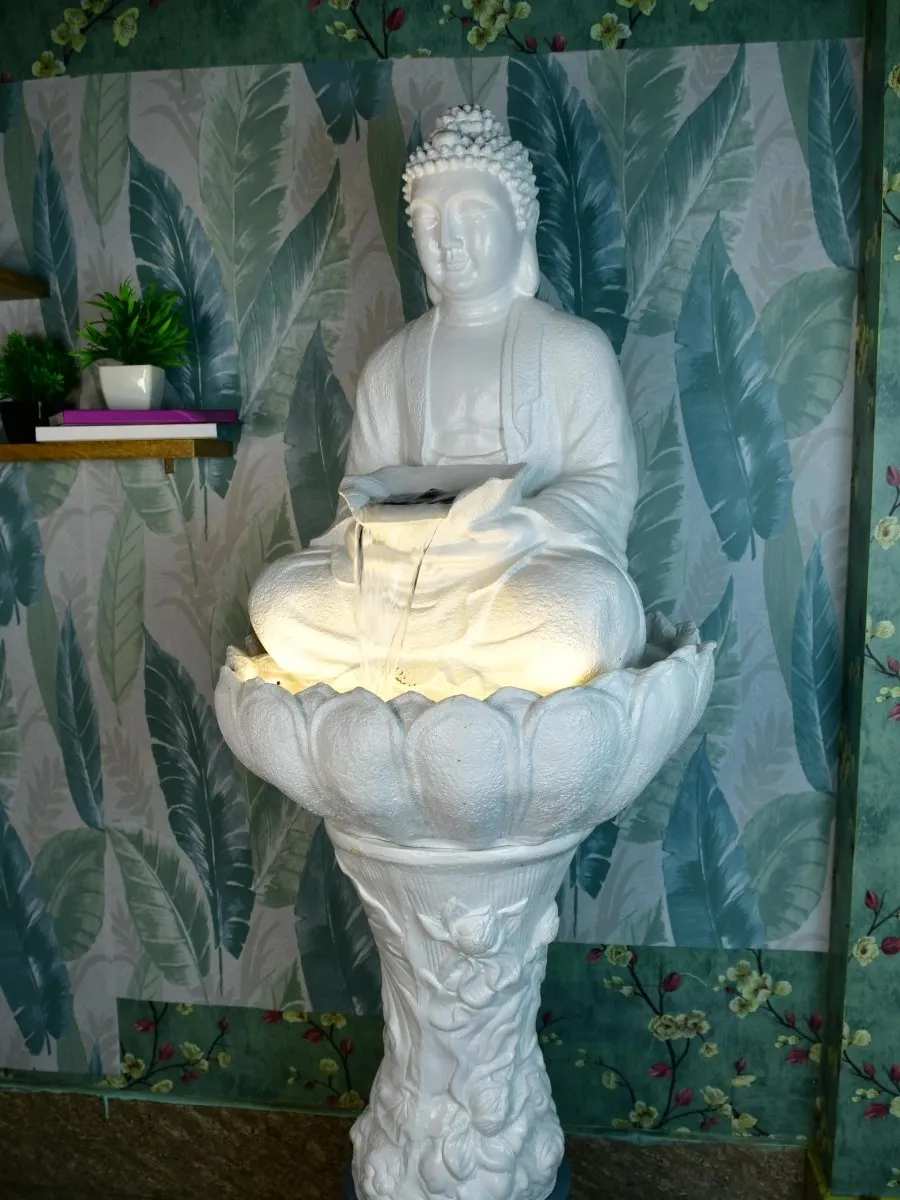 Sowpeace White Buddha Water Fountain – Elegant Buddha Sitting Waterfall for Tranquil Home Decor & Gifts