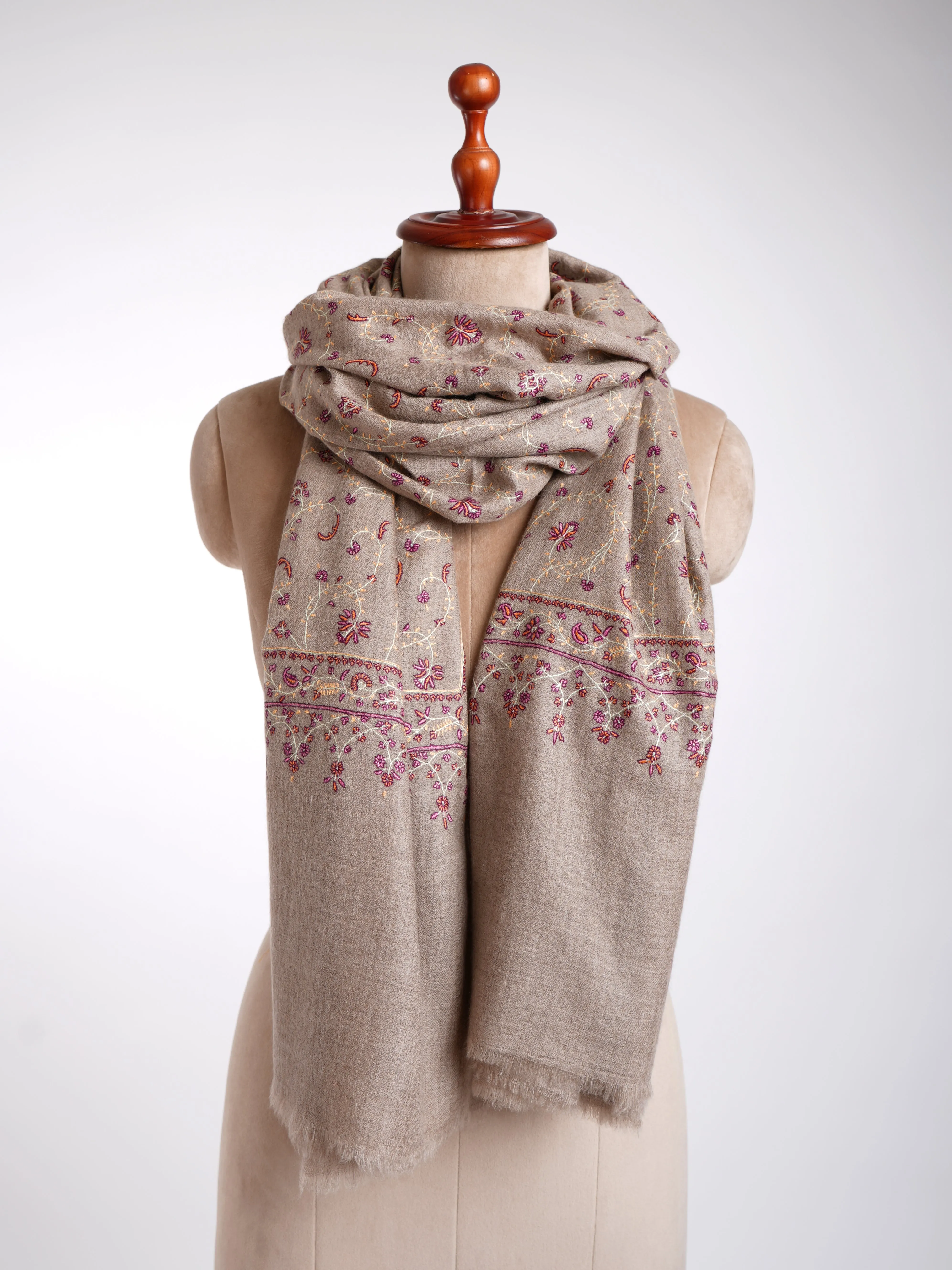 Sozni Embroidery Kashmiri Pashmina Shawl Natural