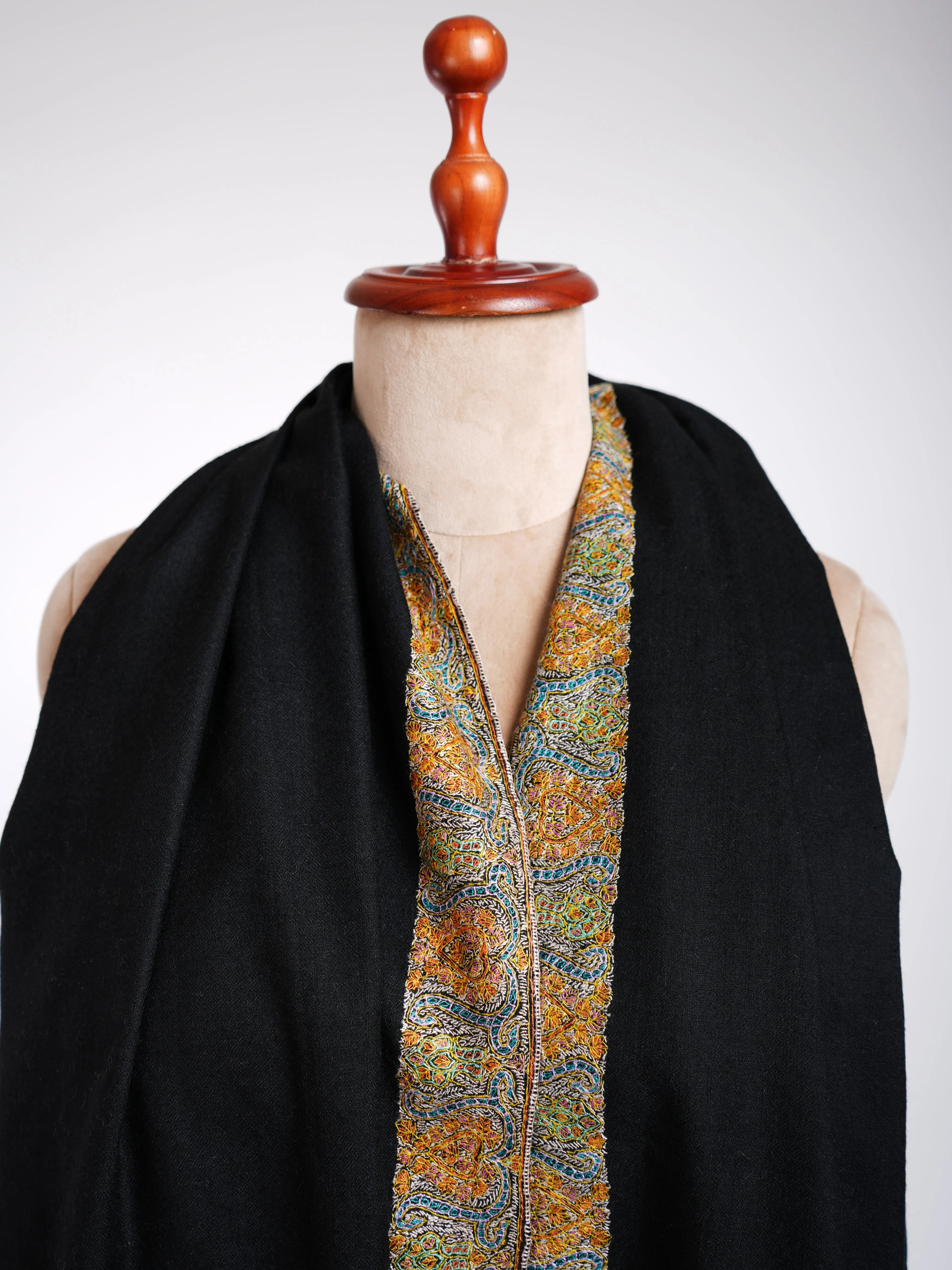 Sozni Hand Embroidery Black Pashmina Shawl