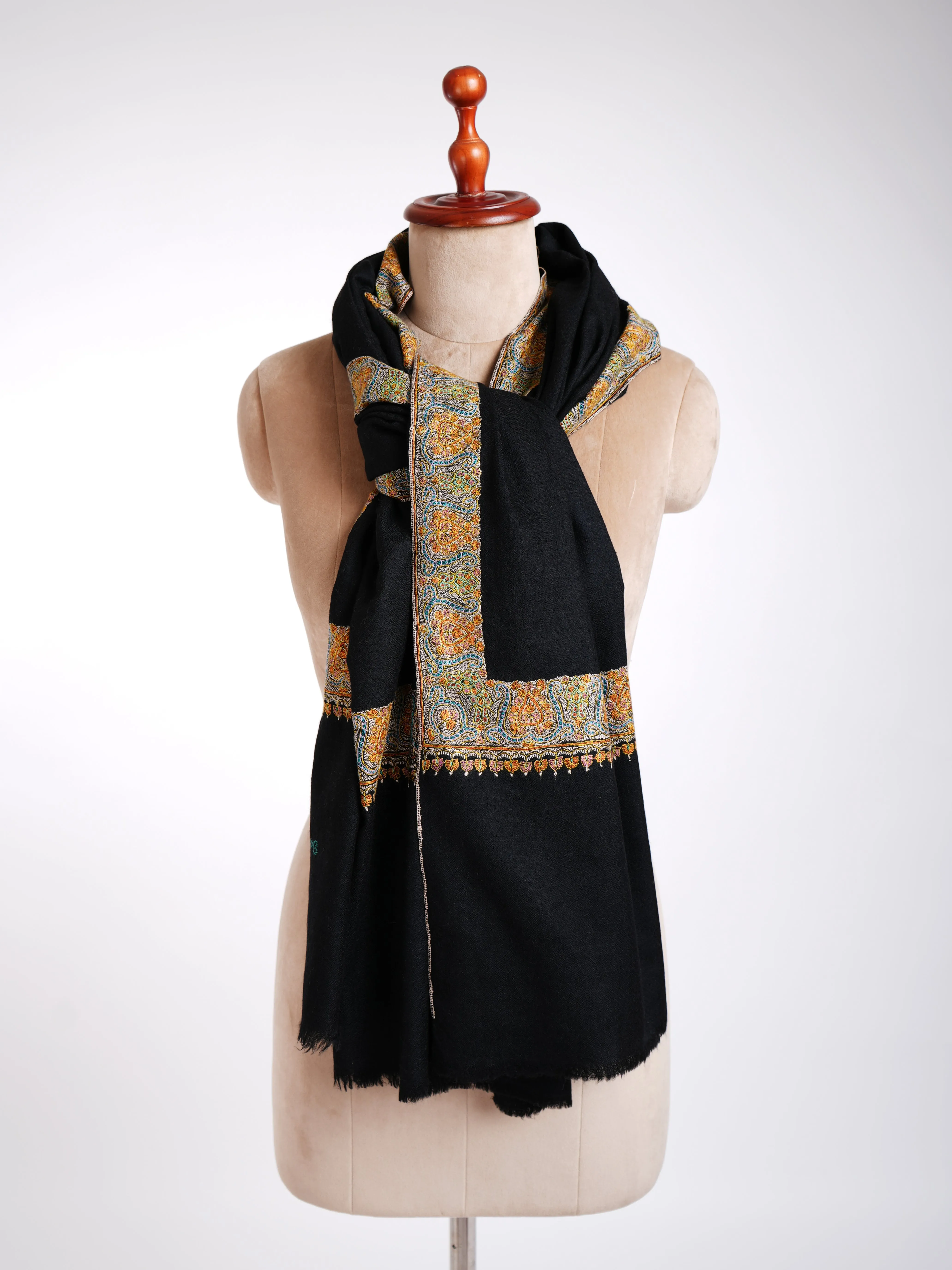 Sozni Hand Embroidery Black Pashmina Shawl