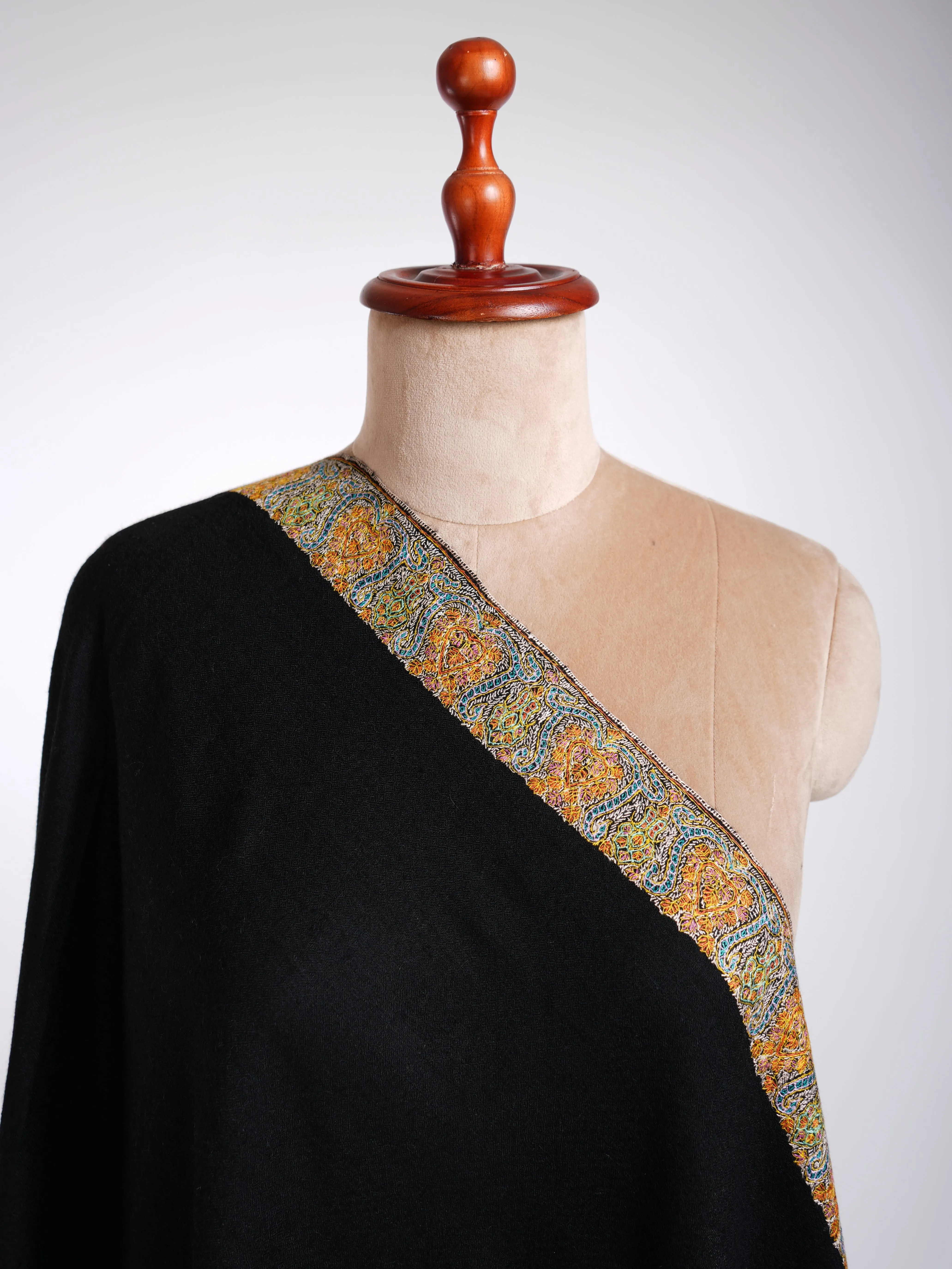 Sozni Hand Embroidery Black Pashmina Shawl