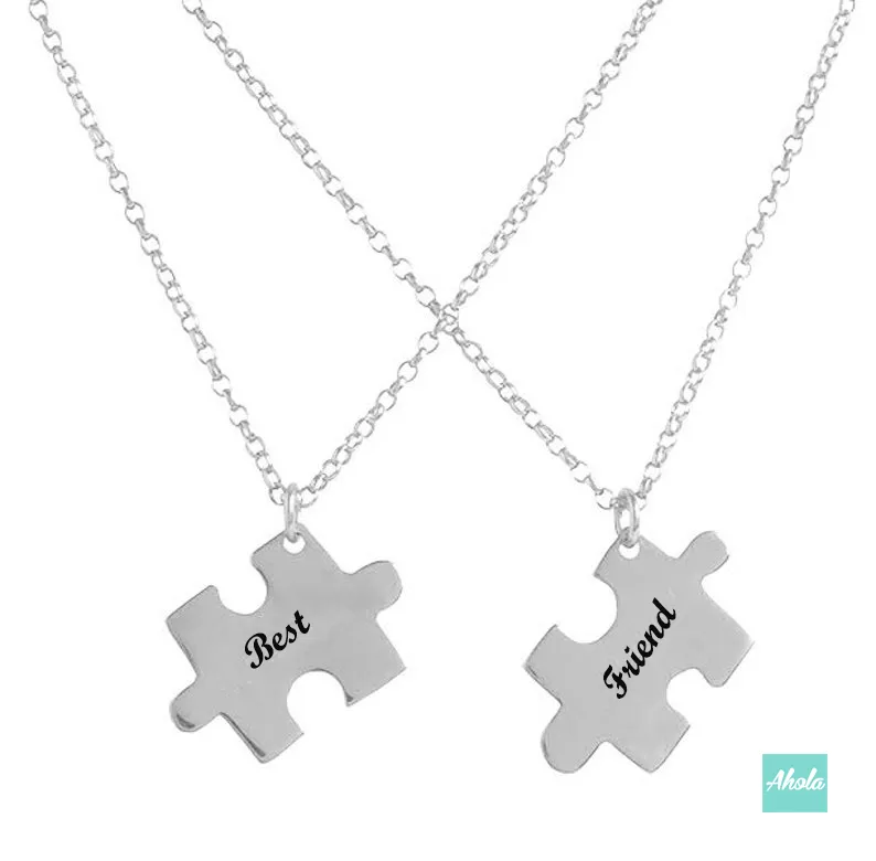 SP056 Platinum Plated Sterling Silver Puzzle Piece Necklace Set 純銀刻字砌圖頸鏈