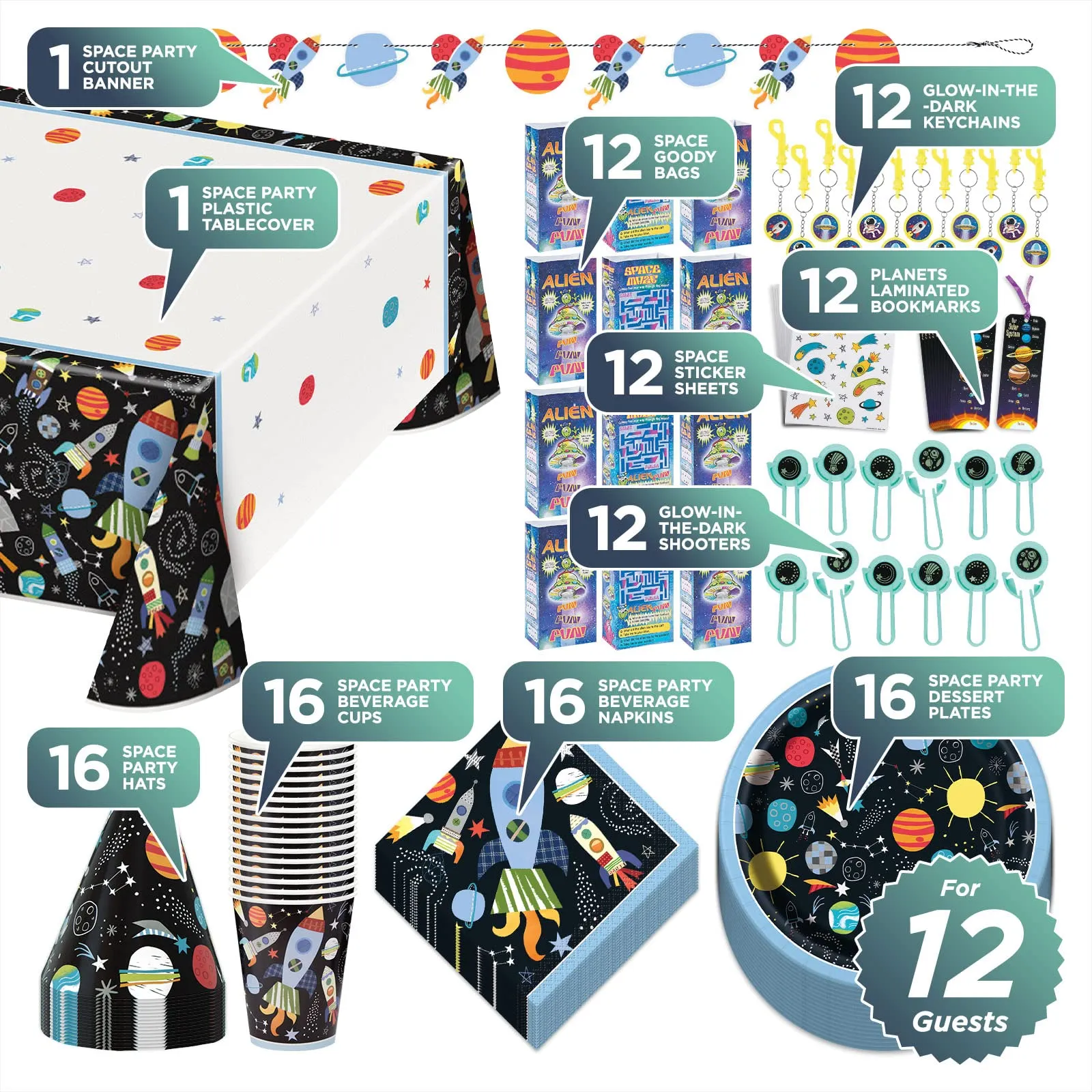 Space & Galaxy Party Pack - Planets and Space Shuttle Rockets Paper Dessert Plates, Napkins, Cups, Table Cover, Banner, Party Hats, and Party Favors For 12 Guests