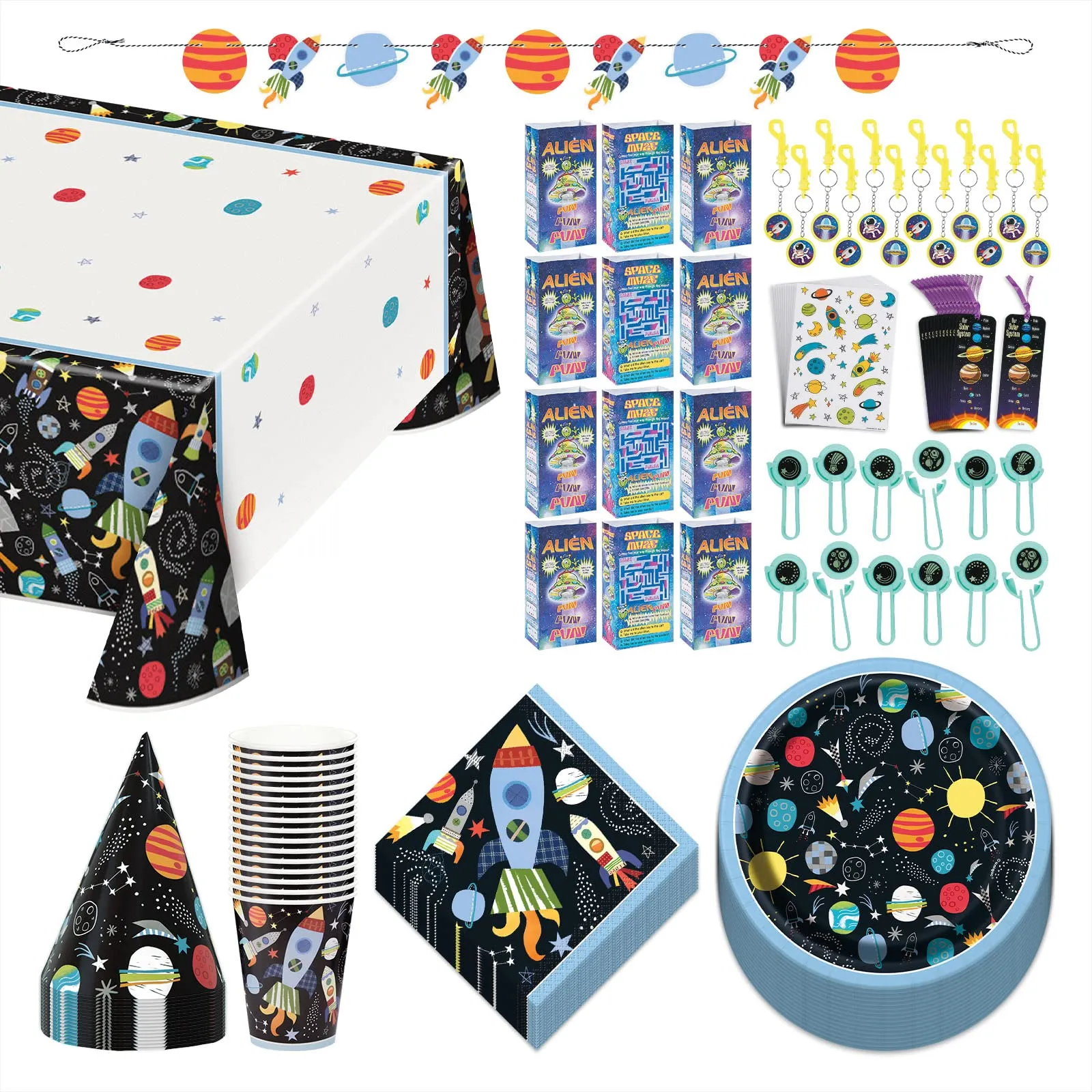 Space & Galaxy Party Pack - Planets and Space Shuttle Rockets Paper Dessert Plates, Napkins, Cups, Table Cover, Banner, Party Hats, and Party Favors For 12 Guests