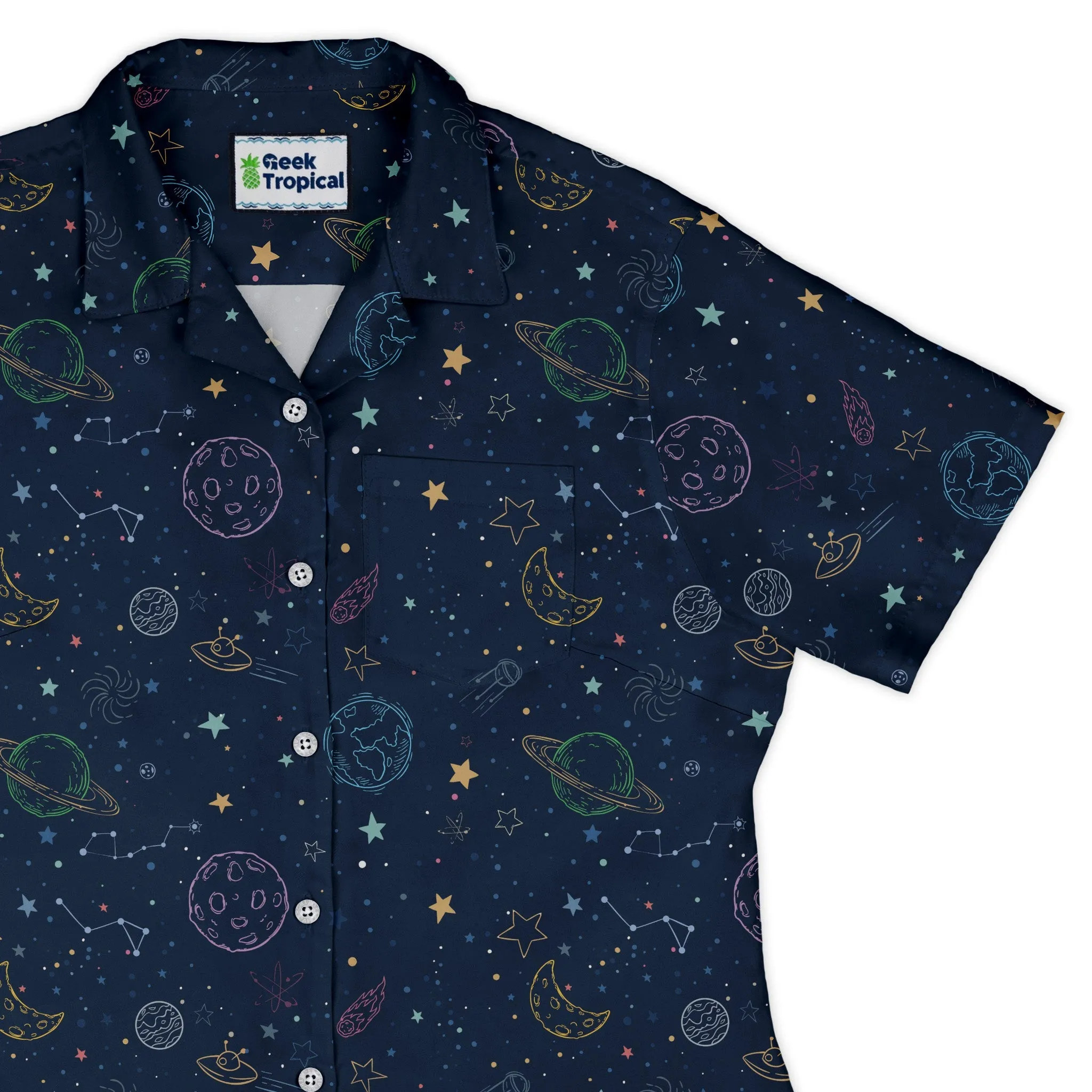 Space Doodles Blue Curvy Button Up Shirt