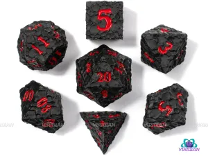 Space Horror | Cratered Design | Black Cosmic-Asteroid Style, Blood Red Ink | Metal Dice Set (7)