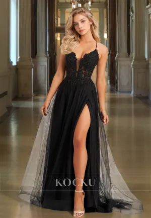 Spaghetti Straps A-Line V-Neck Sleeveless Slit Appliques Lace Party Gowns Prom Dress with Beads